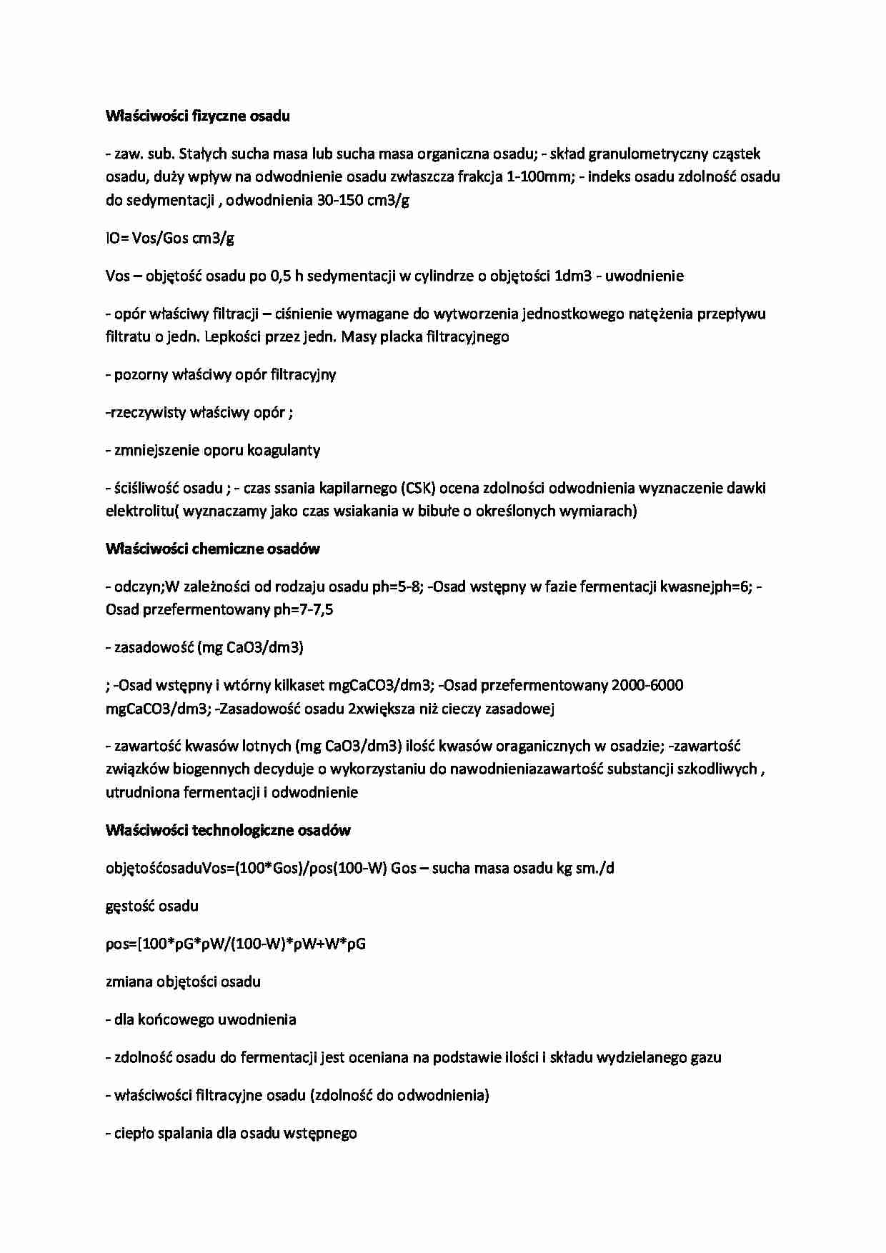 Właściwości fizyczne chemiczne i technologiczne osadu-opracowanie - strona 1