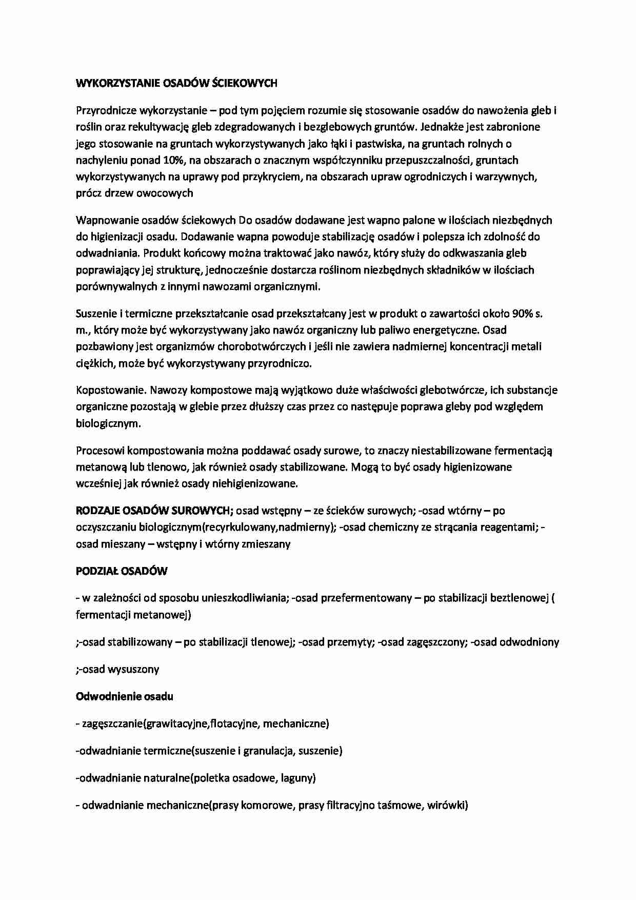 Wykorzystanie osadów ściekowych-opracowanie - strona 1