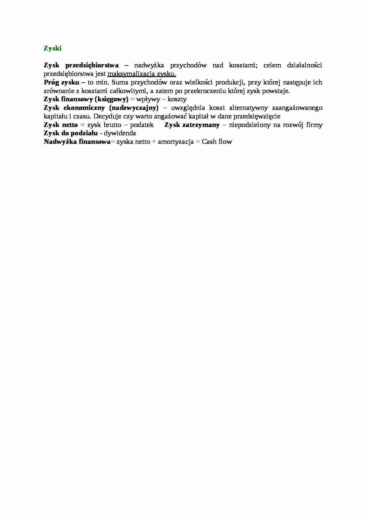 Zyski - rodzaje i nadwyżka - definicje - strona 1