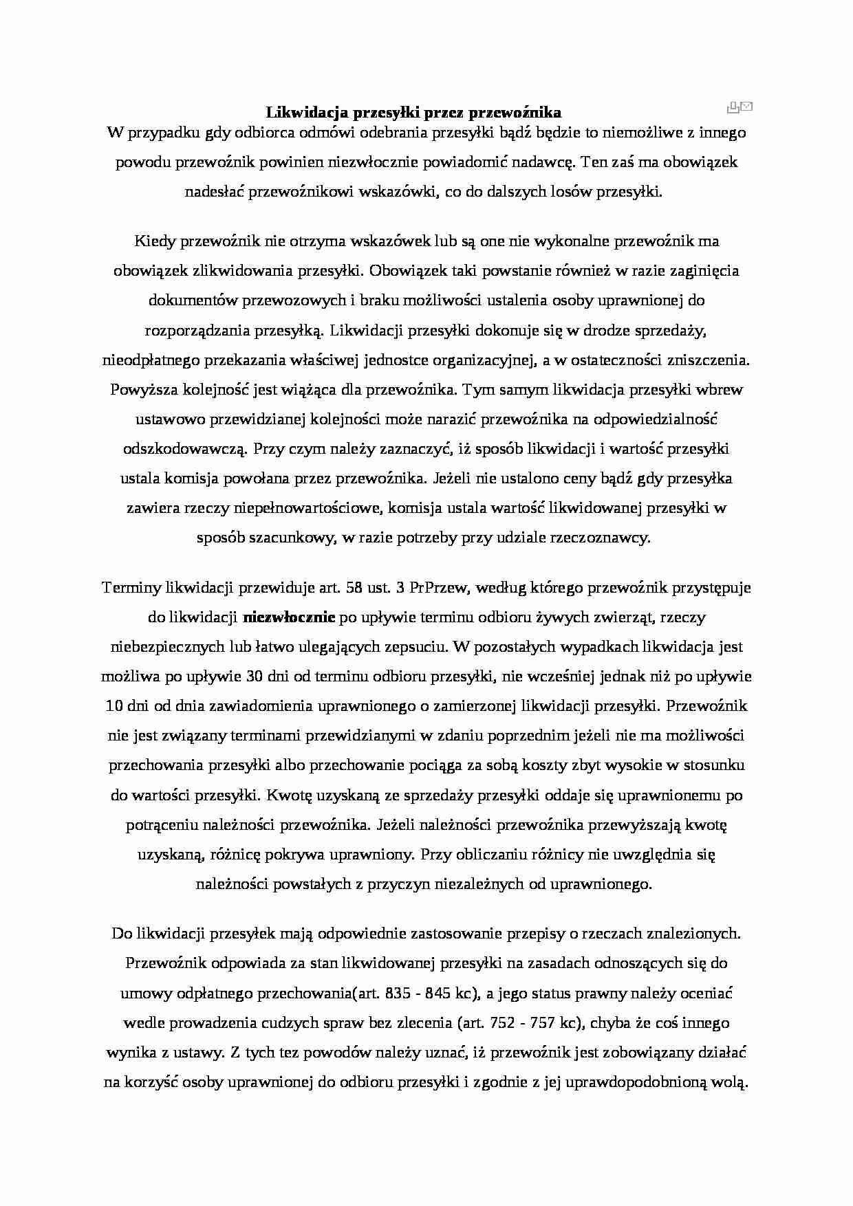 Likwidacja przesyłki przez przewoźnika - omówienie - strona 1