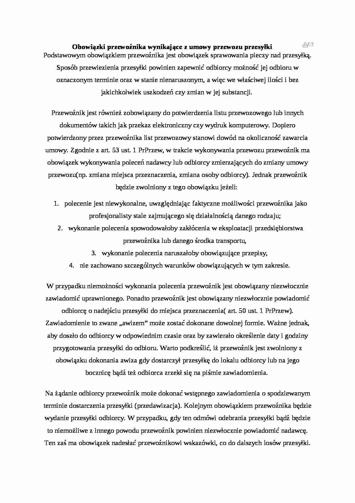 Obowiązki przewoźnika wynikające z umowy przewozu przesyłki - strona 1