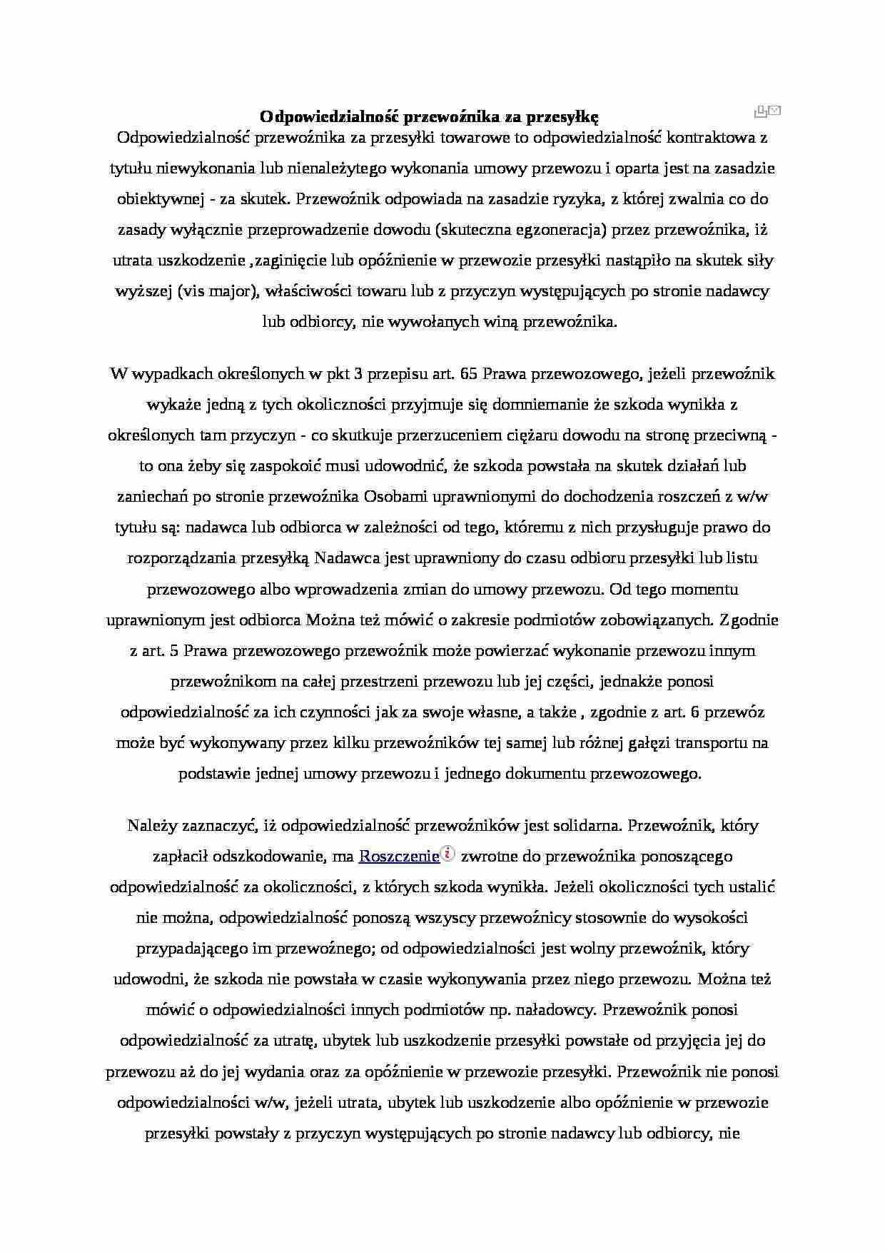 Odpowiedzialność przewoźnika za przesyłkę - strona 1