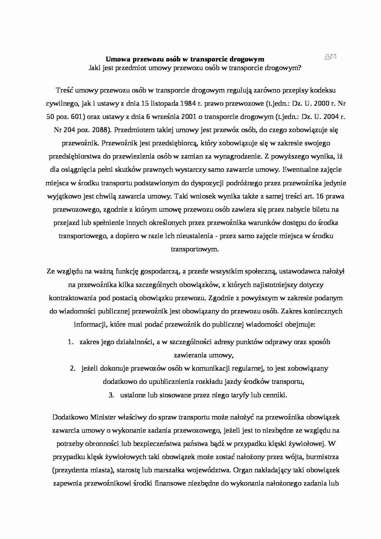 Umowa przewozu osób w transporcie drogowym - strona 1