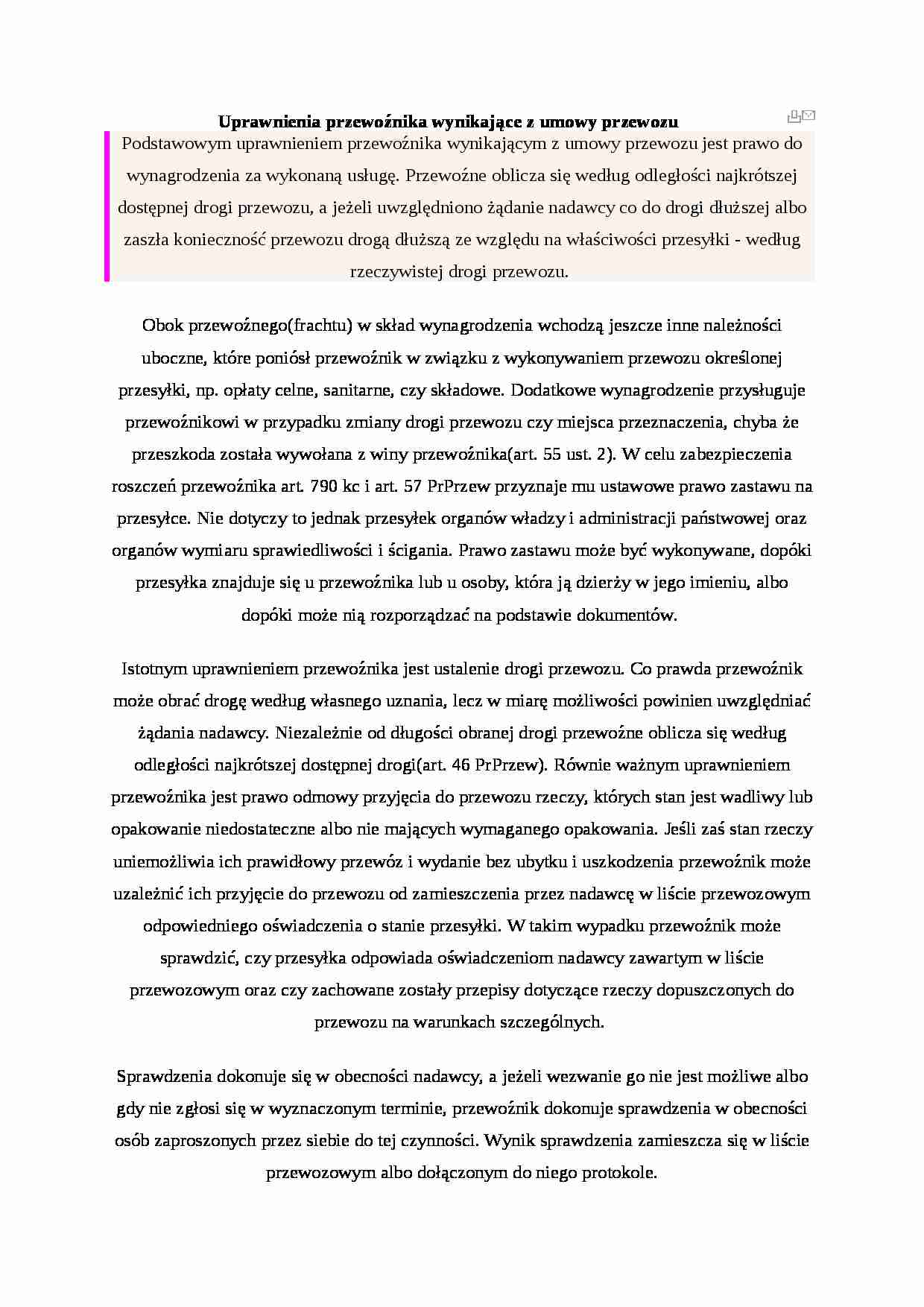 Uprawnienia przewoźnika wynikające z umowy przewozu - strona 1