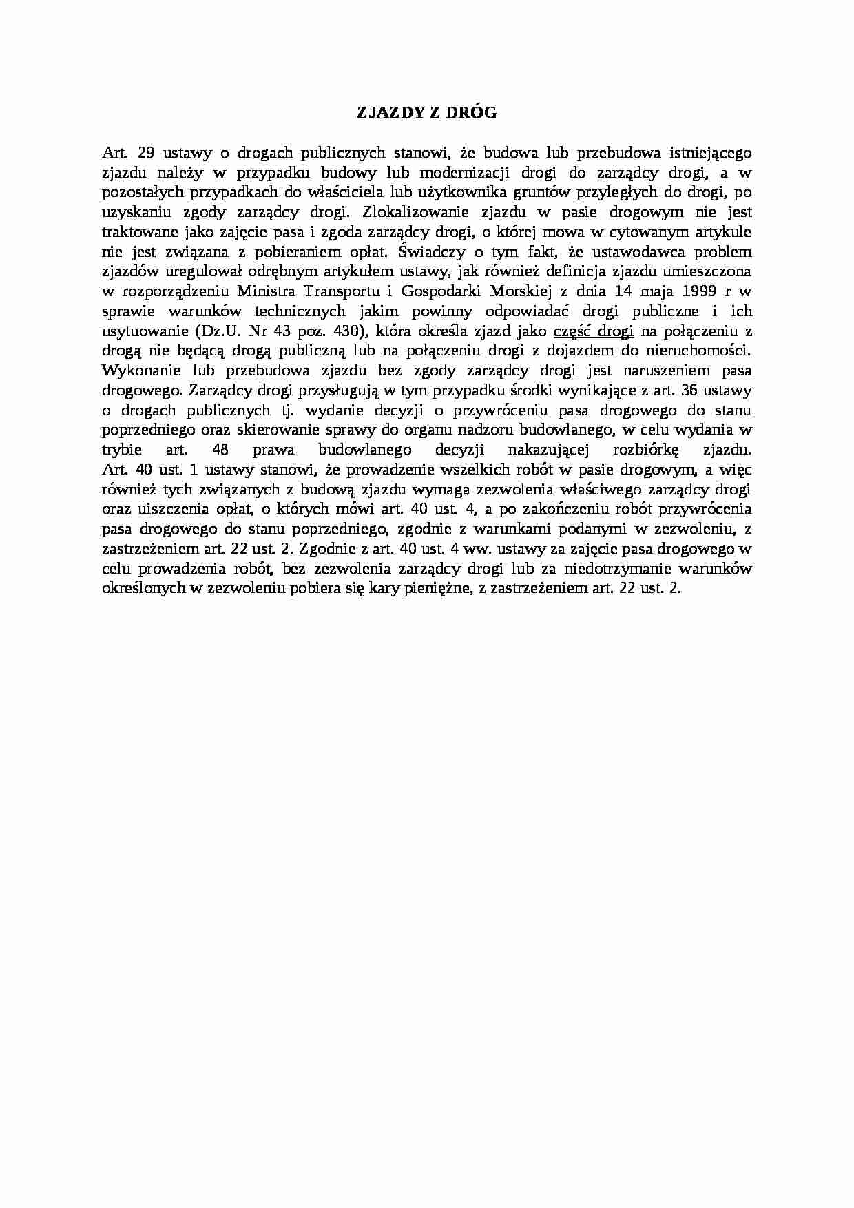 Zjazdy z dróg -  artykuł 29 ustawy o drogach - strona 1