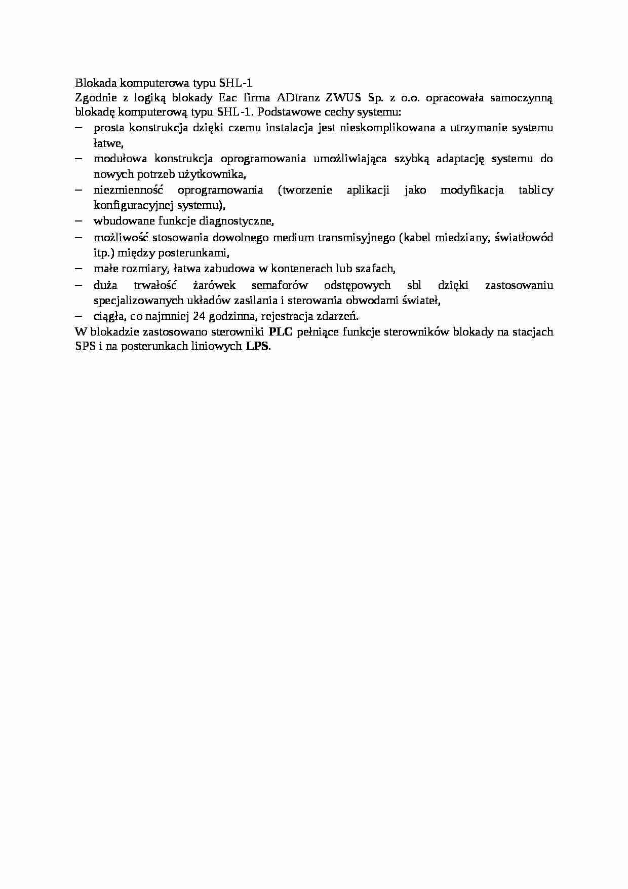 Blokada komputerowa typu SHL - opis - strona 1