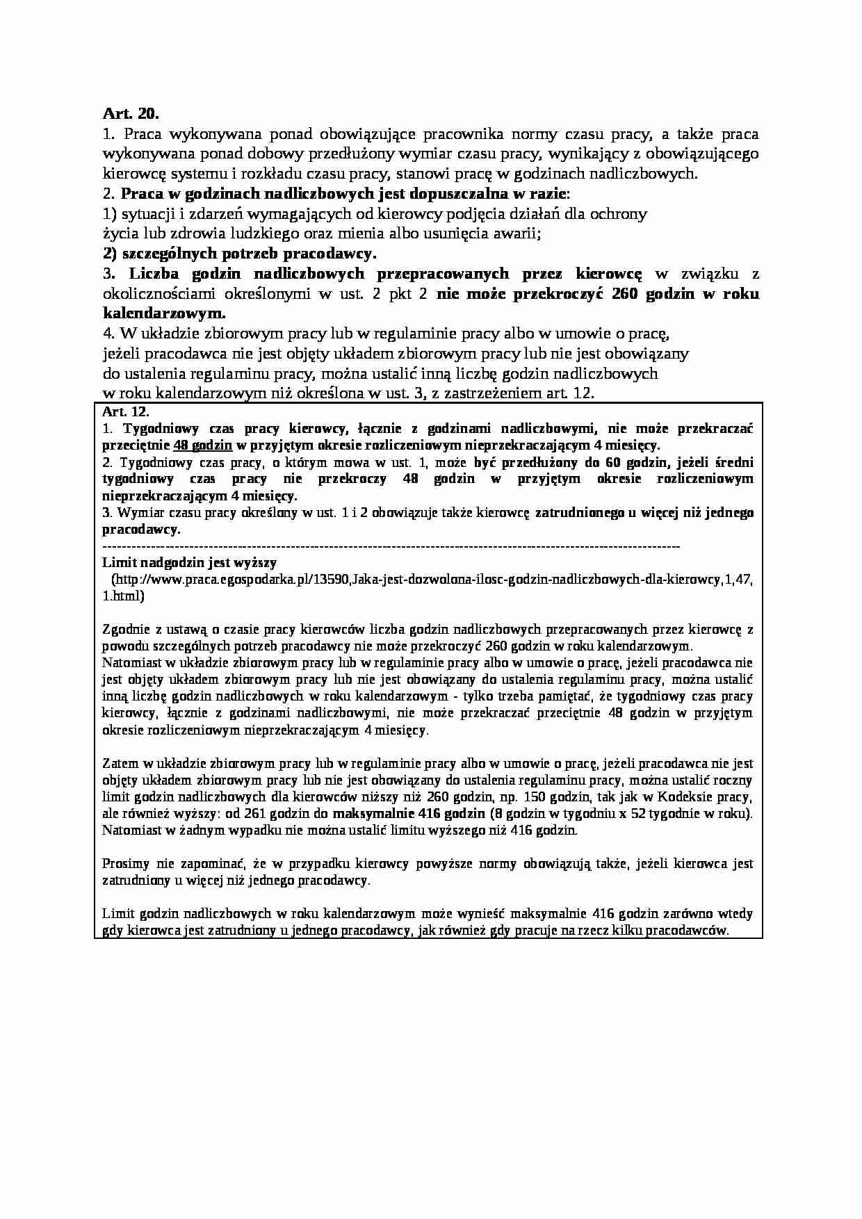 Art. 20. - praca nadobowiązkowa - strona 1