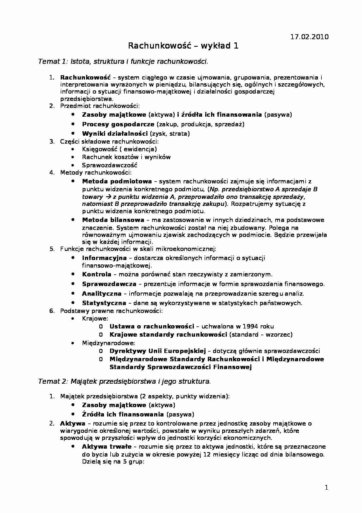 Rachunkowość - notatki z wykładów z całego semestru - strona 1