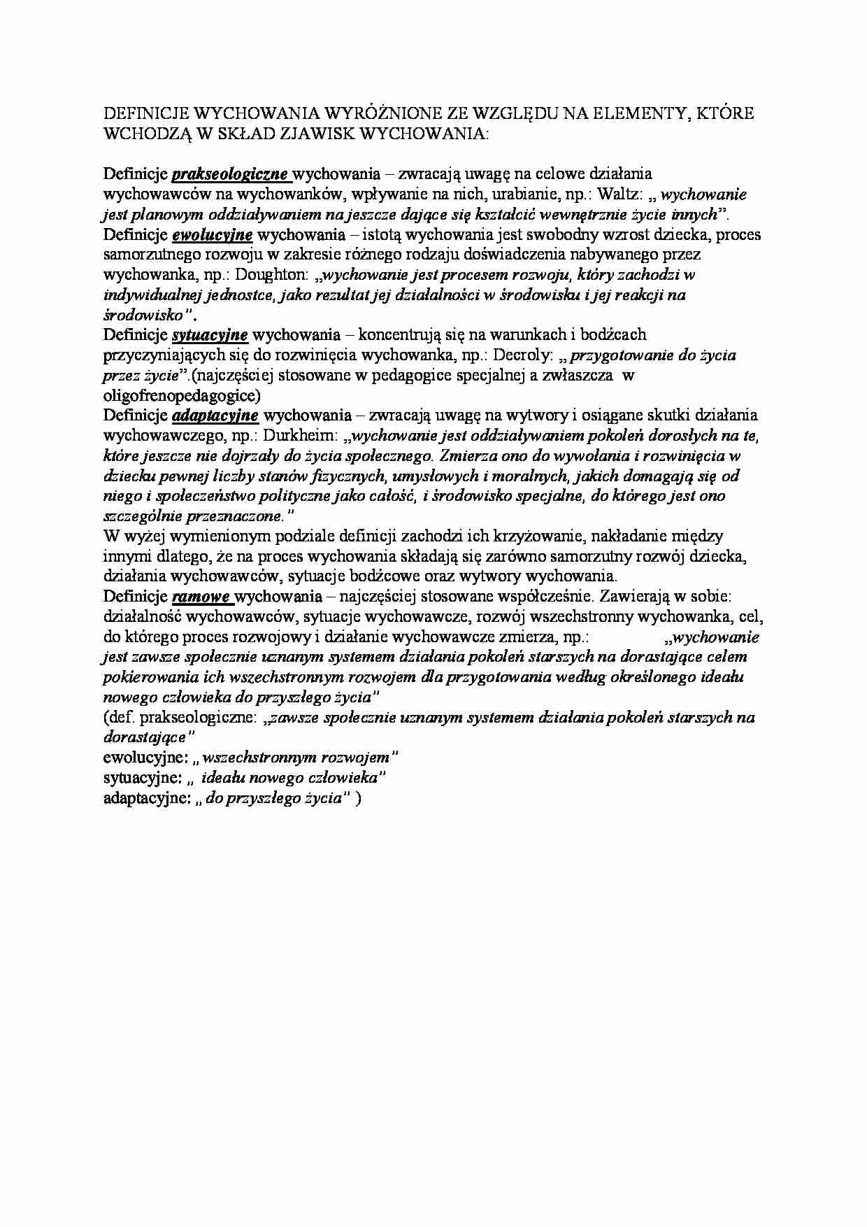 Definicje wychowania wyróżnione ze względu na elementy- opracowanie - strona 1