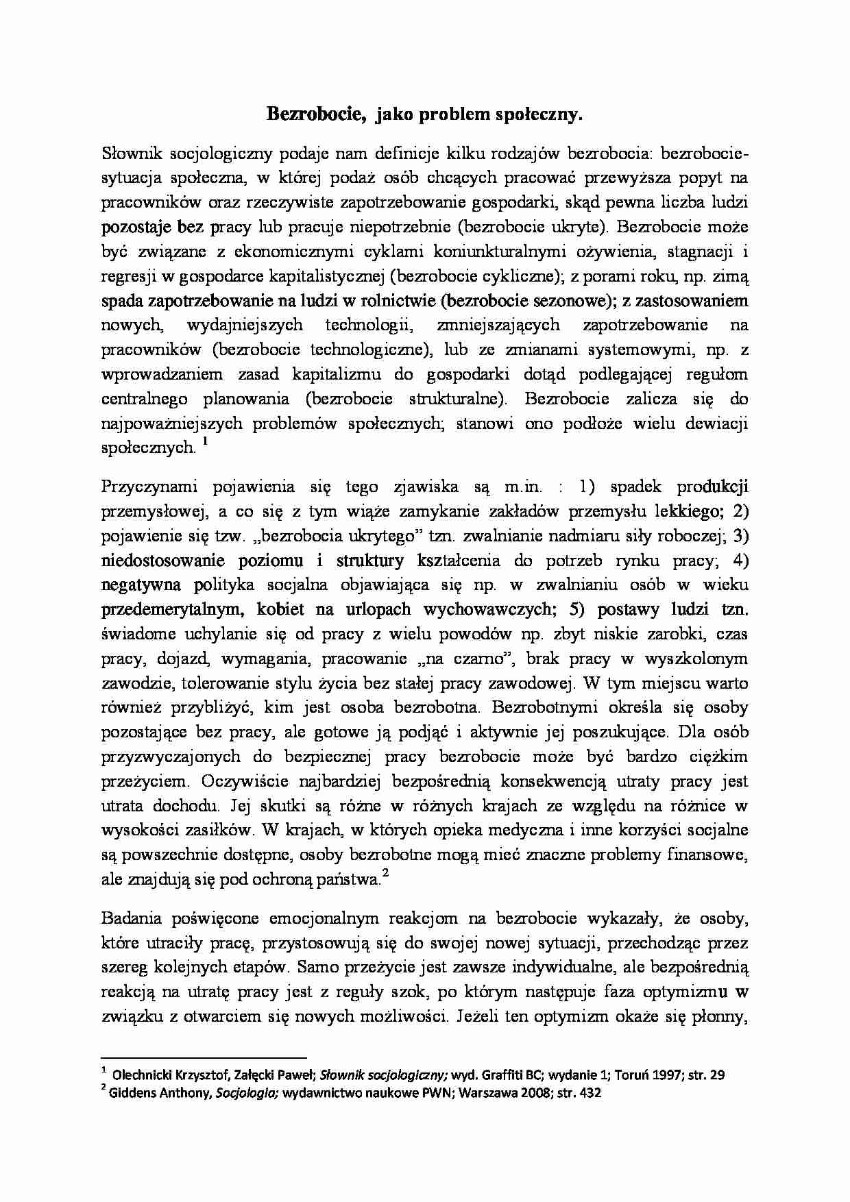 Bezrobocie jako problem społeczny- opracowanie - strona 1
