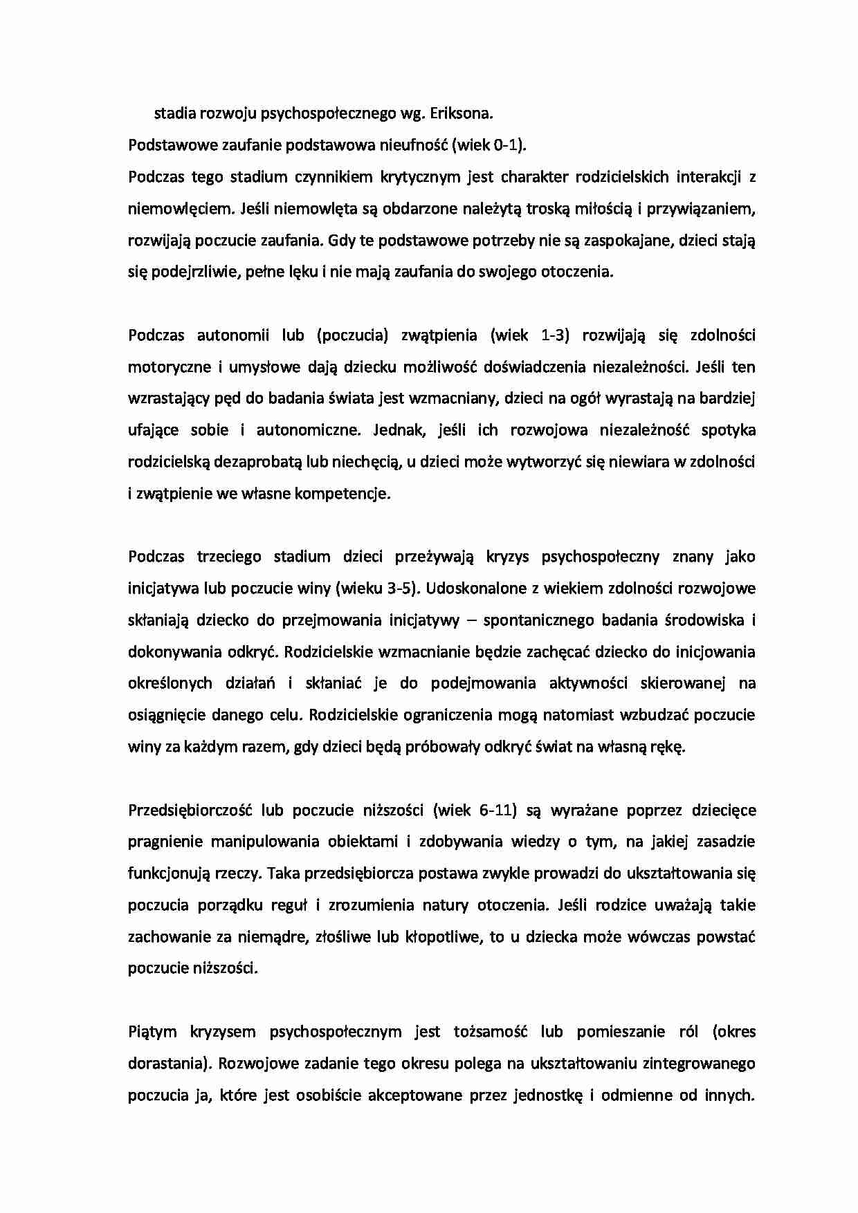 Stadia rozwoju psychospołecznego według Eriksona- opracowanie - strona 1