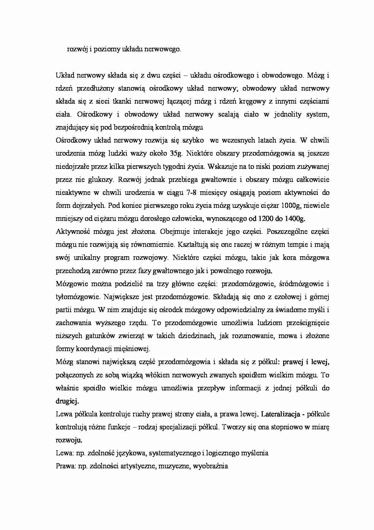 Rozwój i poziomy układu nerwowego- opracowanie - strona 1