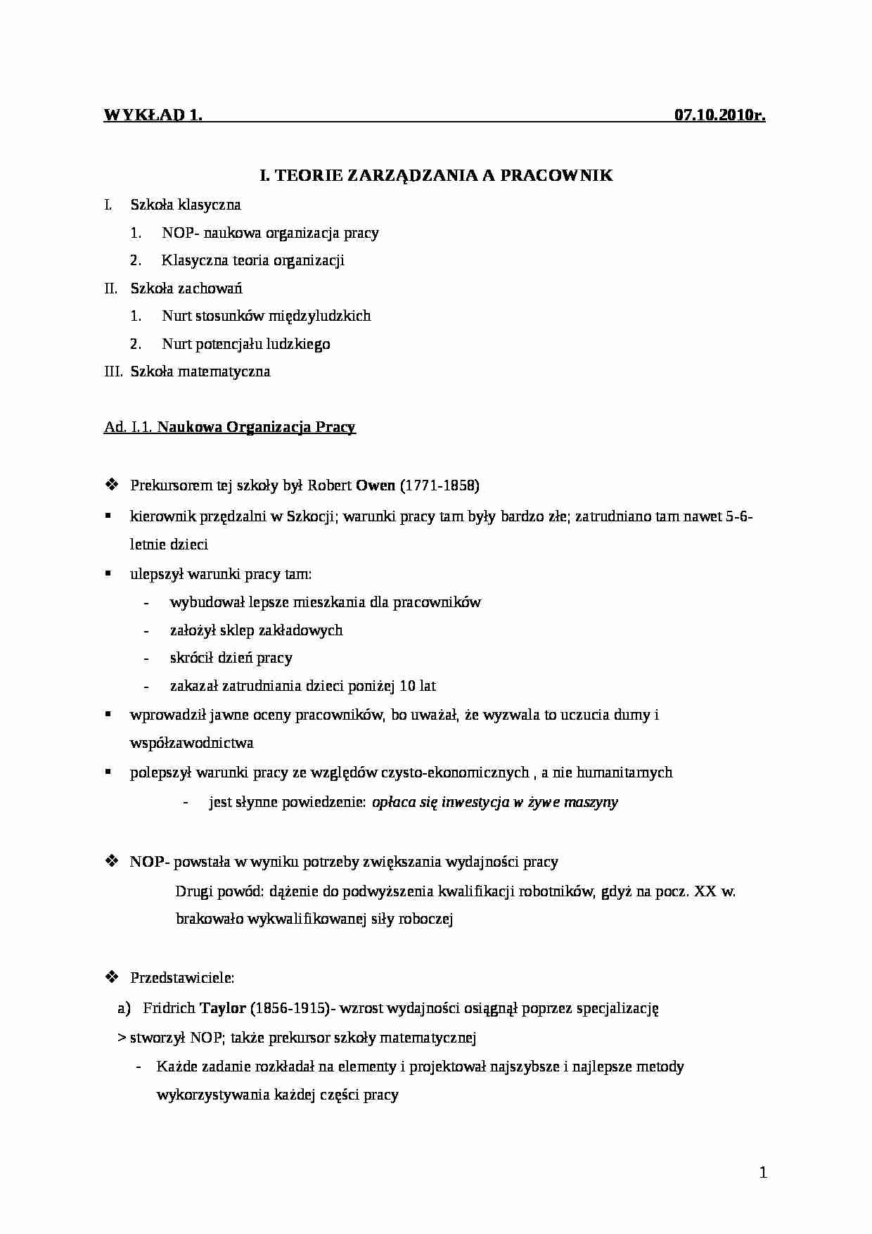  Teorie zarządzania a pracownik - wykład - strona 1