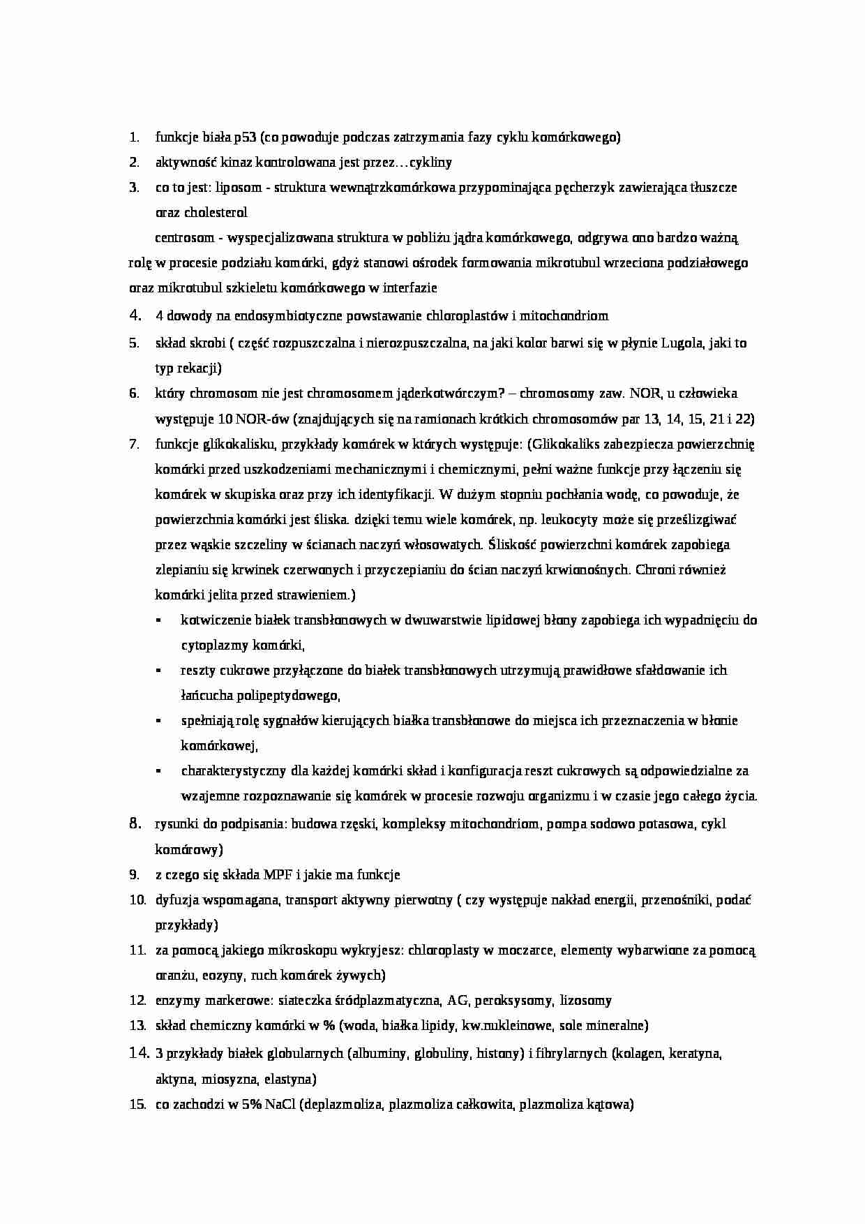 Biologia komórki - pytania na egzamin z opracowaniem - strona 1