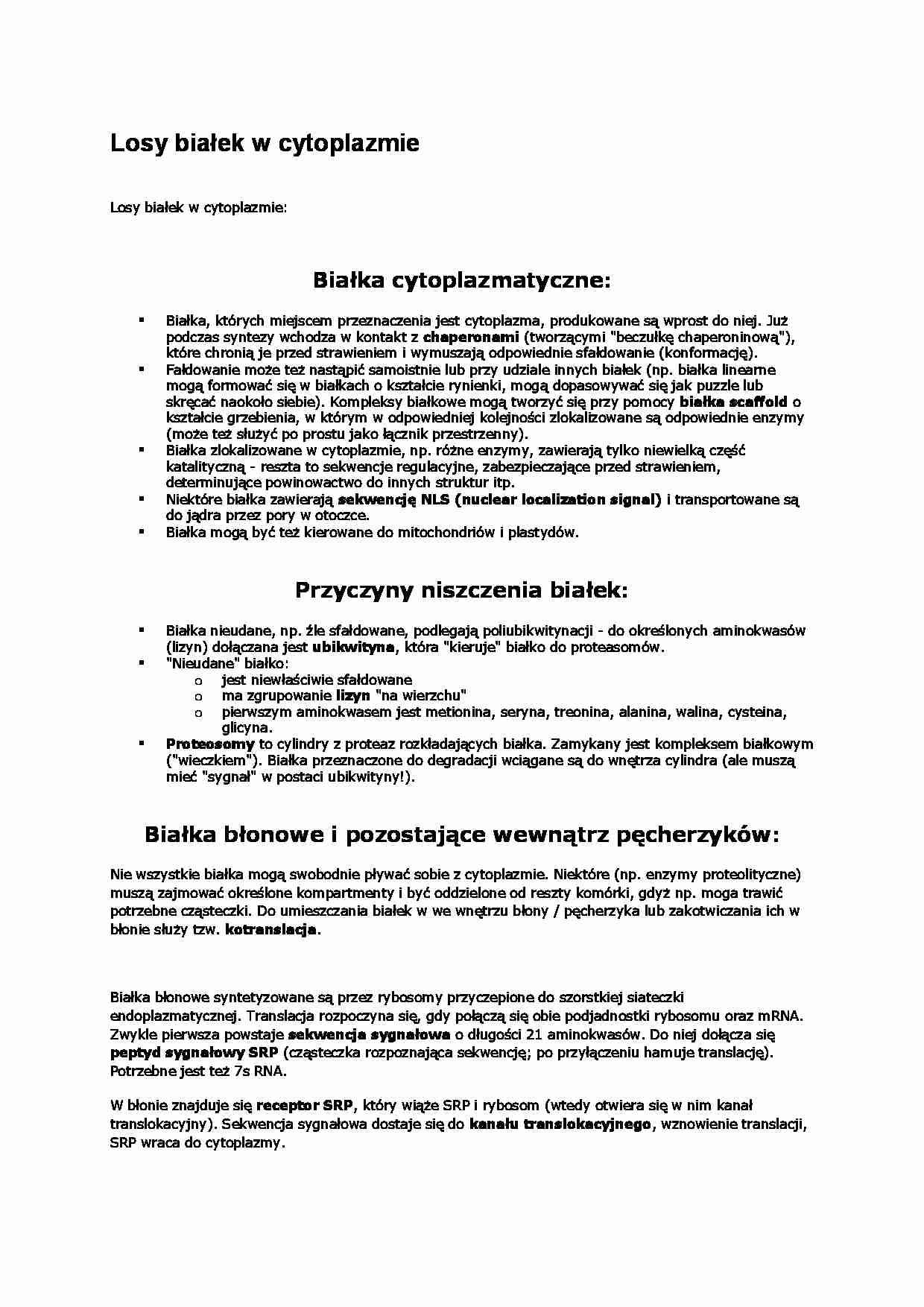 Losy białek w cytoplazmie Losy białek w cytoplazmie - strona 1