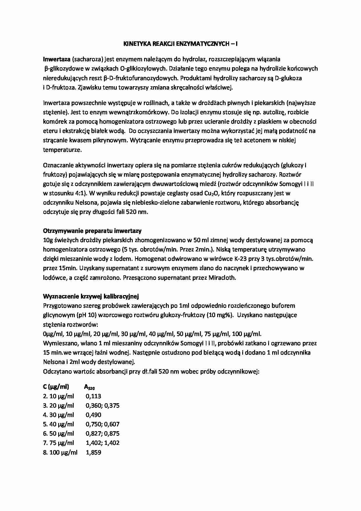 kinetyka reakcji enzymatycznych - sprawozdanie - strona 1