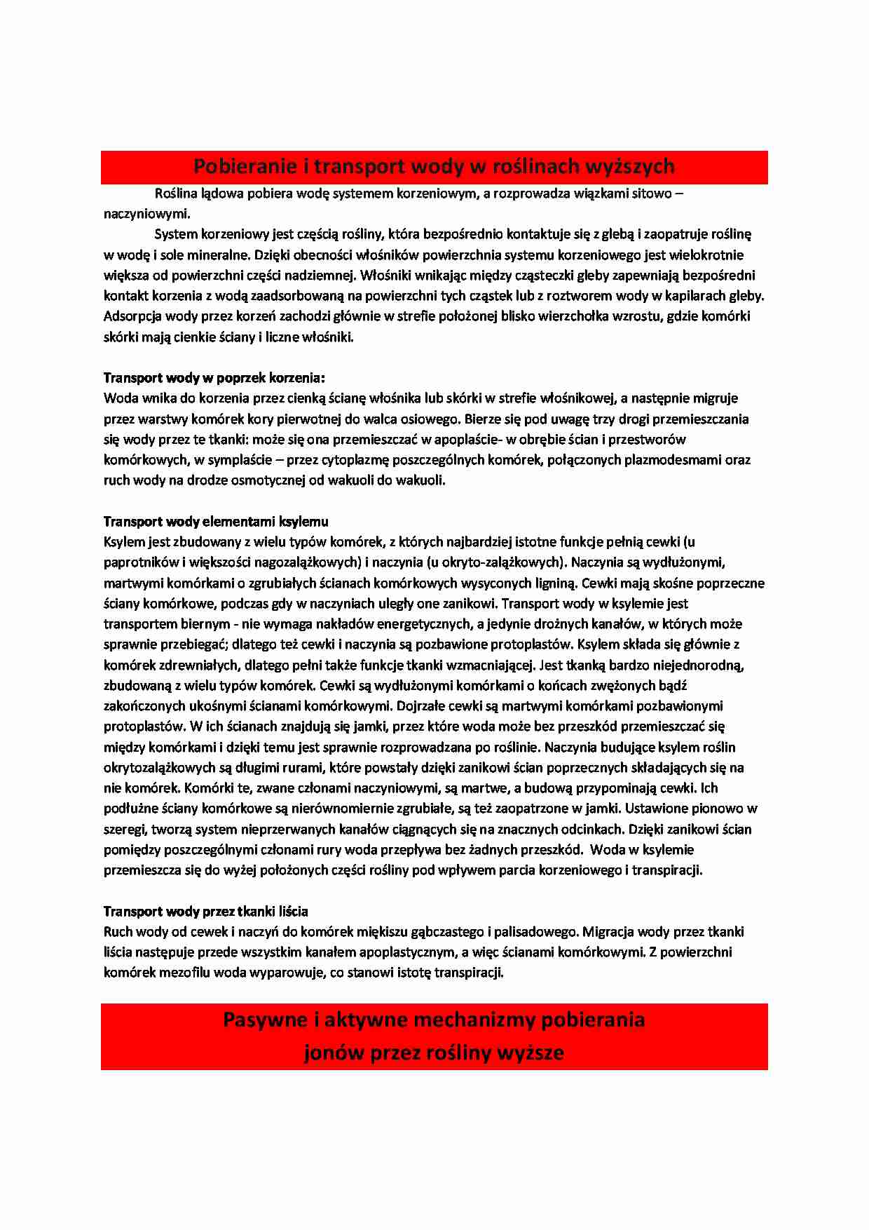 Pobieranie i transport wody w roślinach wyższych - strona 1