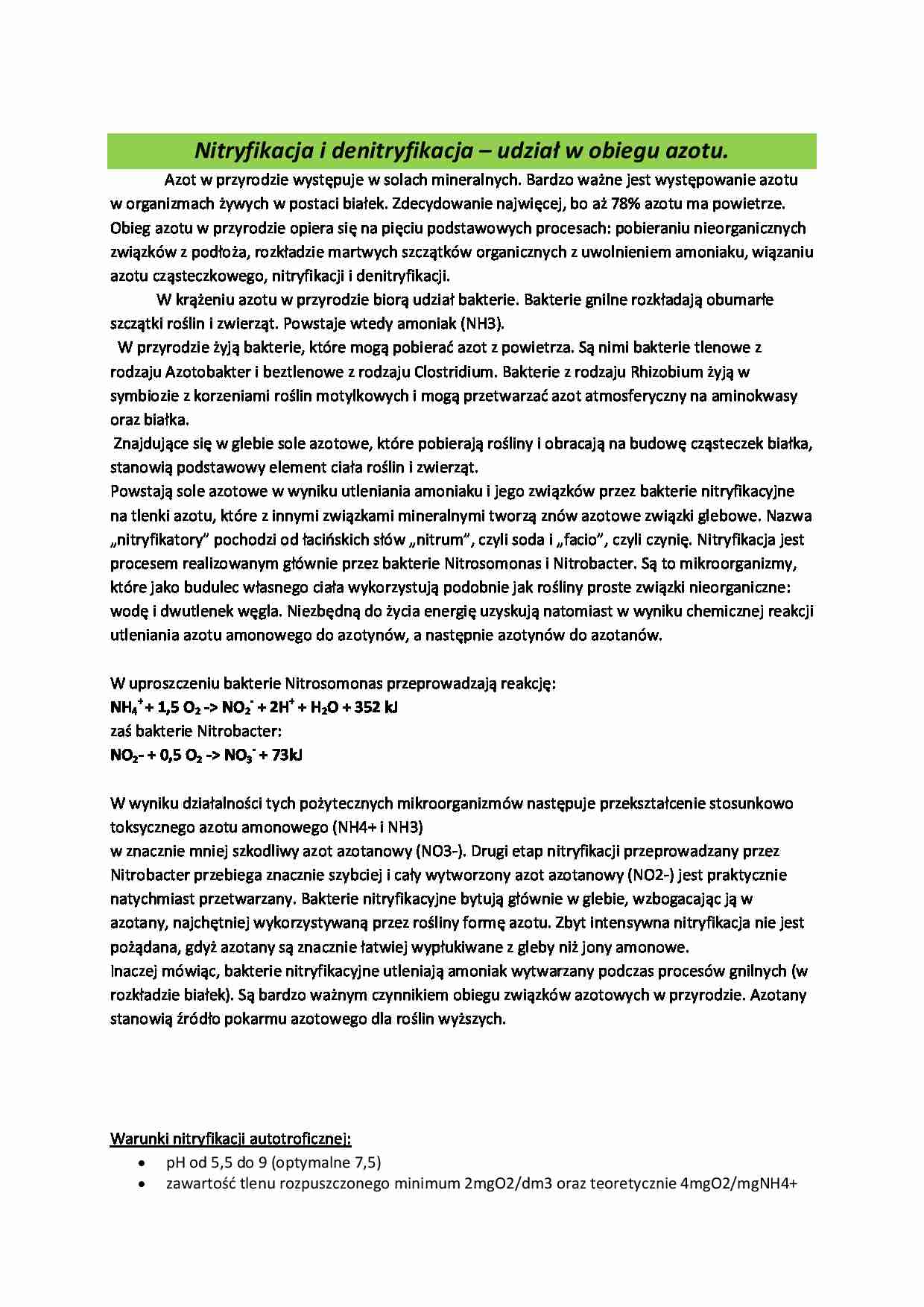 Nitryfikacja i denitryfikacja - udział w obiegu azotu. - strona 1