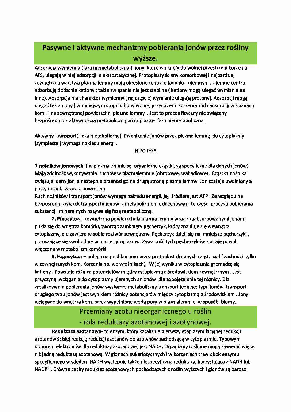 Pasywne i aktywne mechanizmy pobierania jonów przez rośliny wyższe. - strona 1