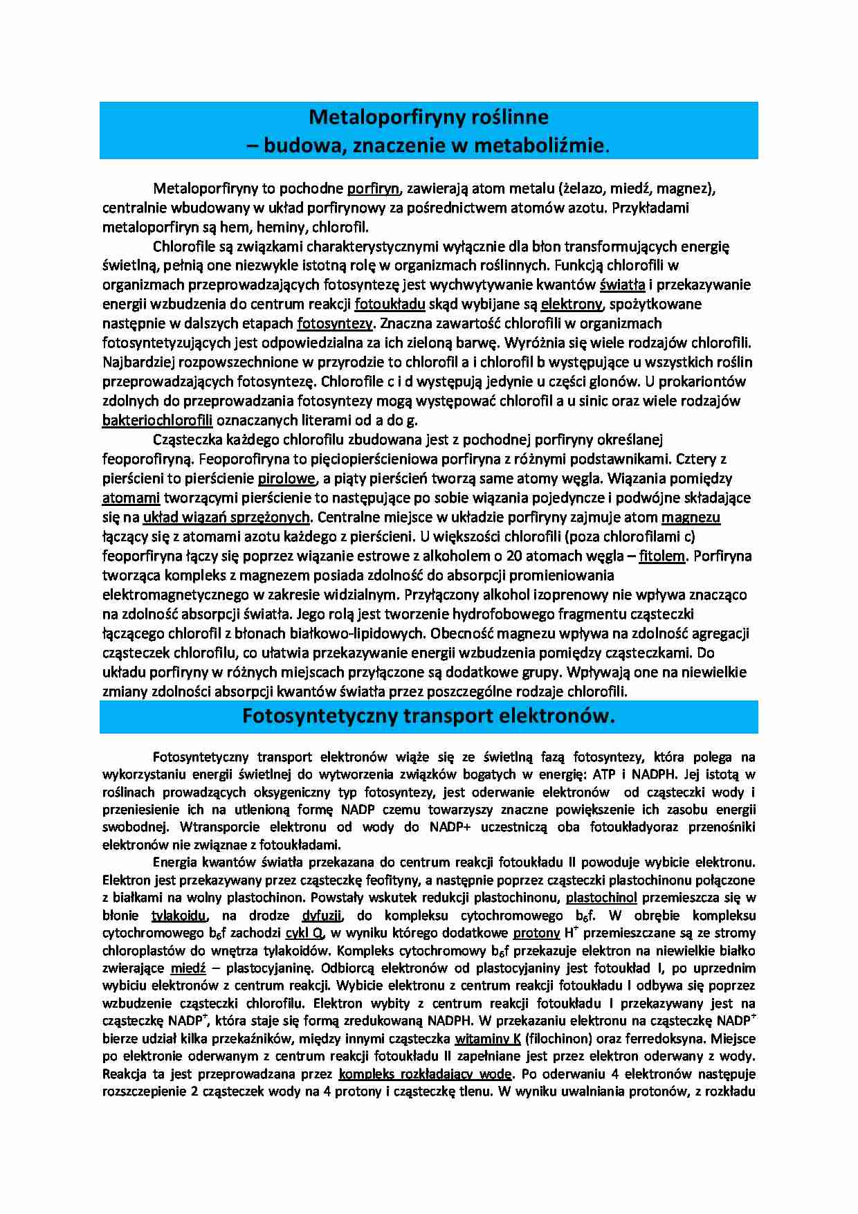 Metaloporfiryny roślinne - budowa, znaczenie w metaboliźmie. - strona 1