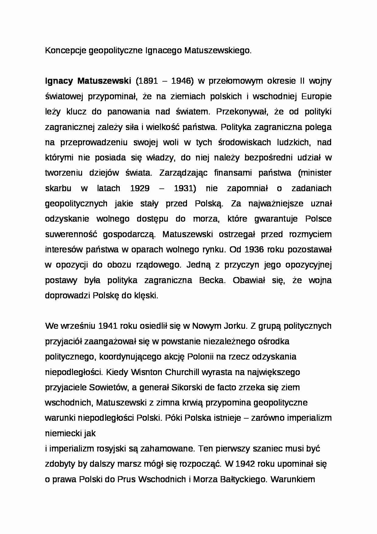 Wykład - Koncepcje geopolityczne Ignacego Matuszewskiego - strona 1