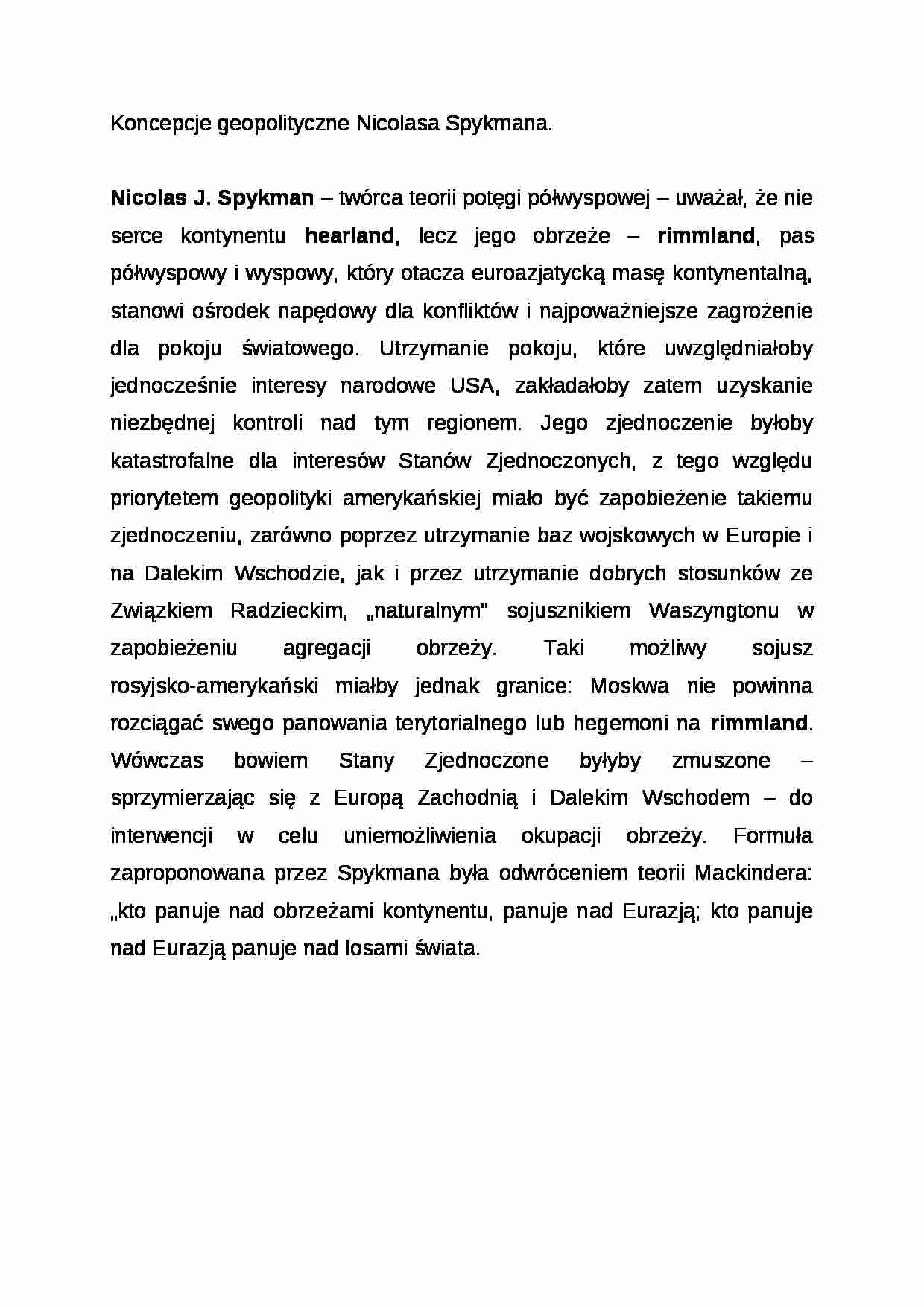 Wykład - Koncepcje geopolityczne Nicolasa Spykmana - strona 1