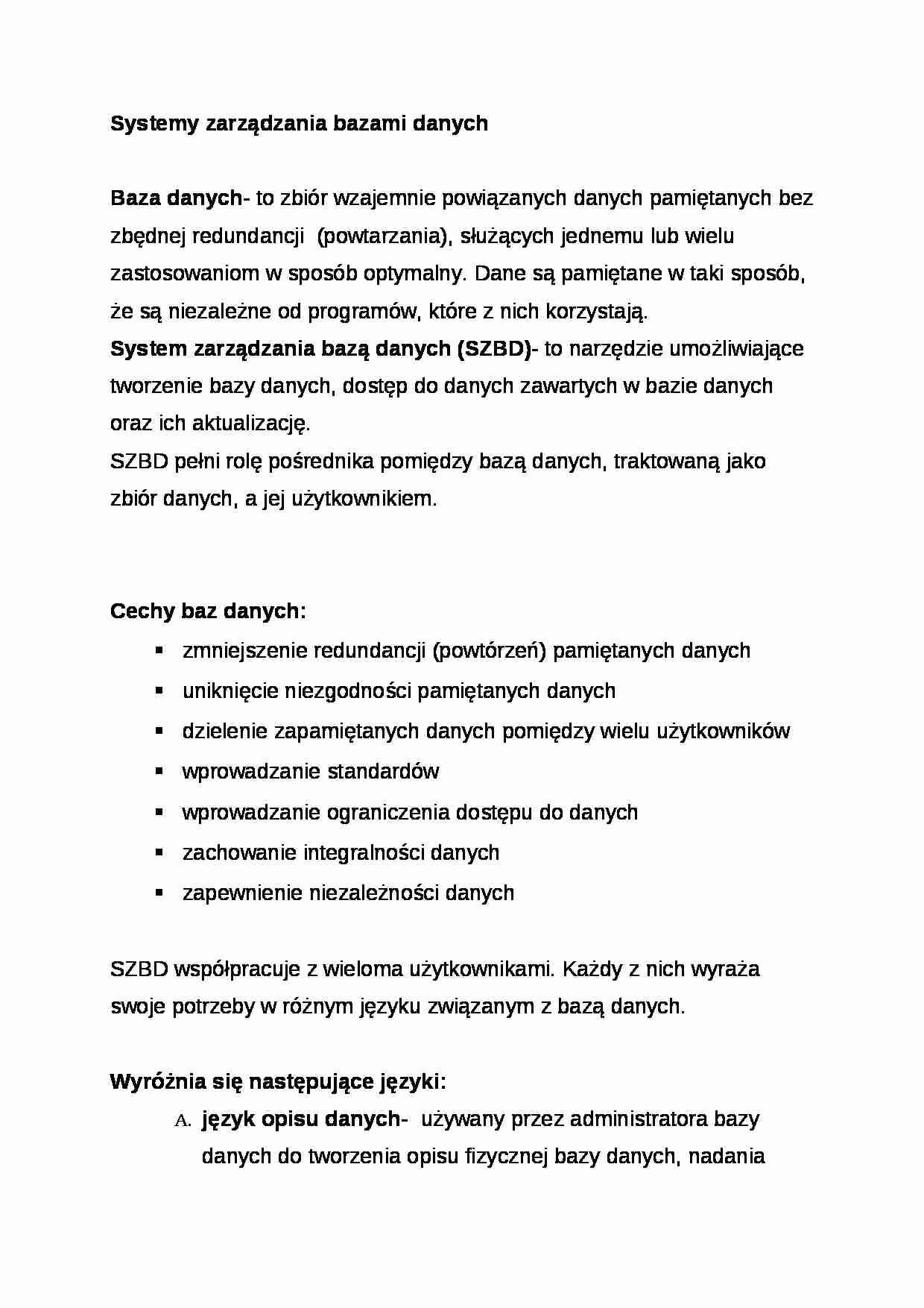 Wykład - Systemy zarządzania bazami danych - strona 1