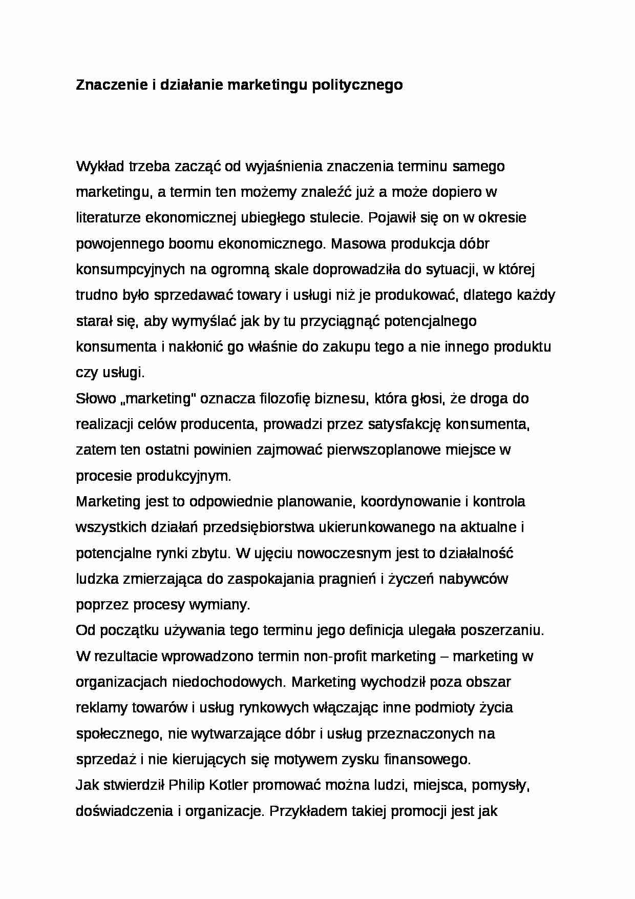 Wykład - Znaczenie i działanie marketingu politycznego - strona 1