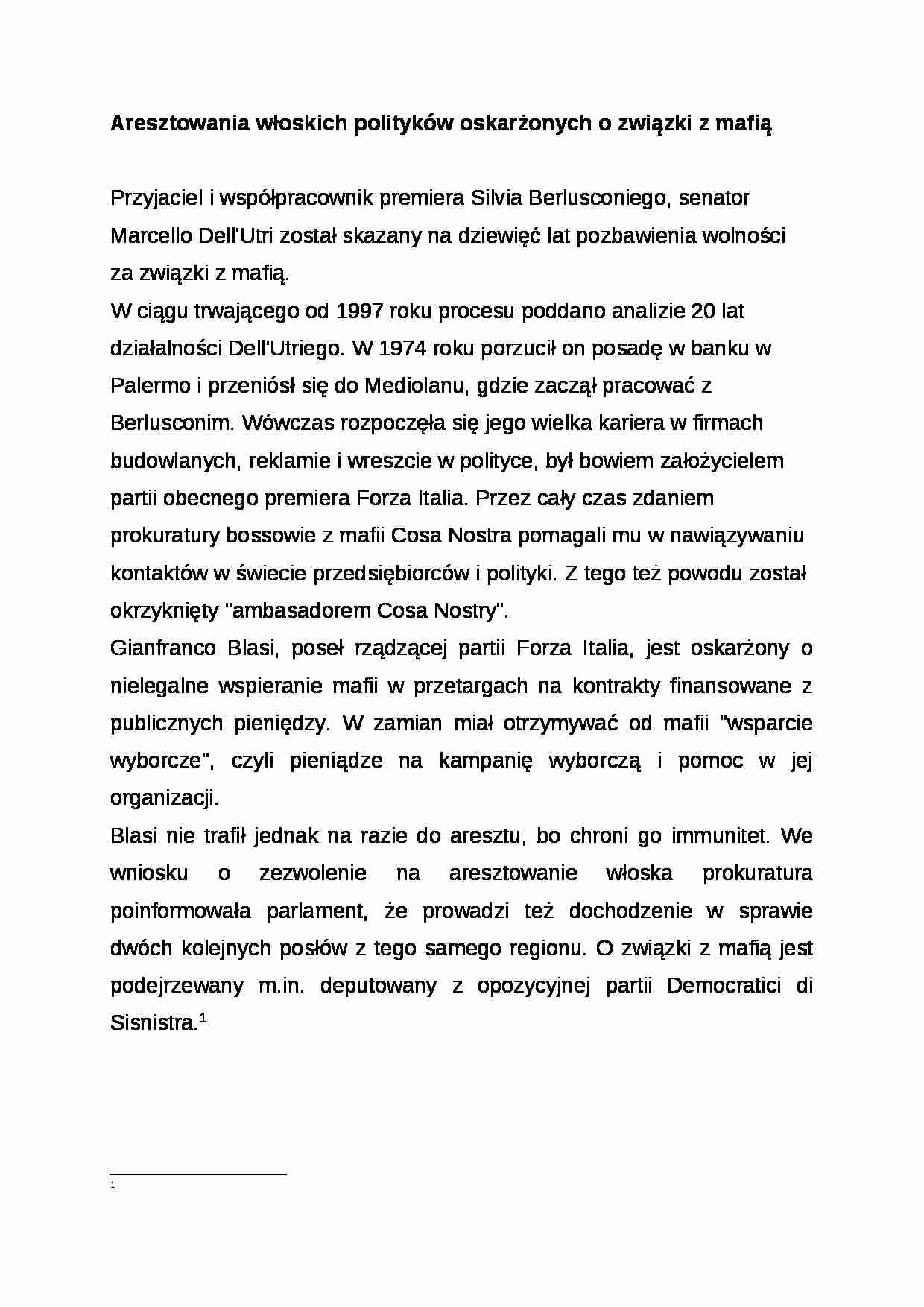 Wykład - Aresztowania włoskich polityków oskarżonych o związki z mafią - strona 1