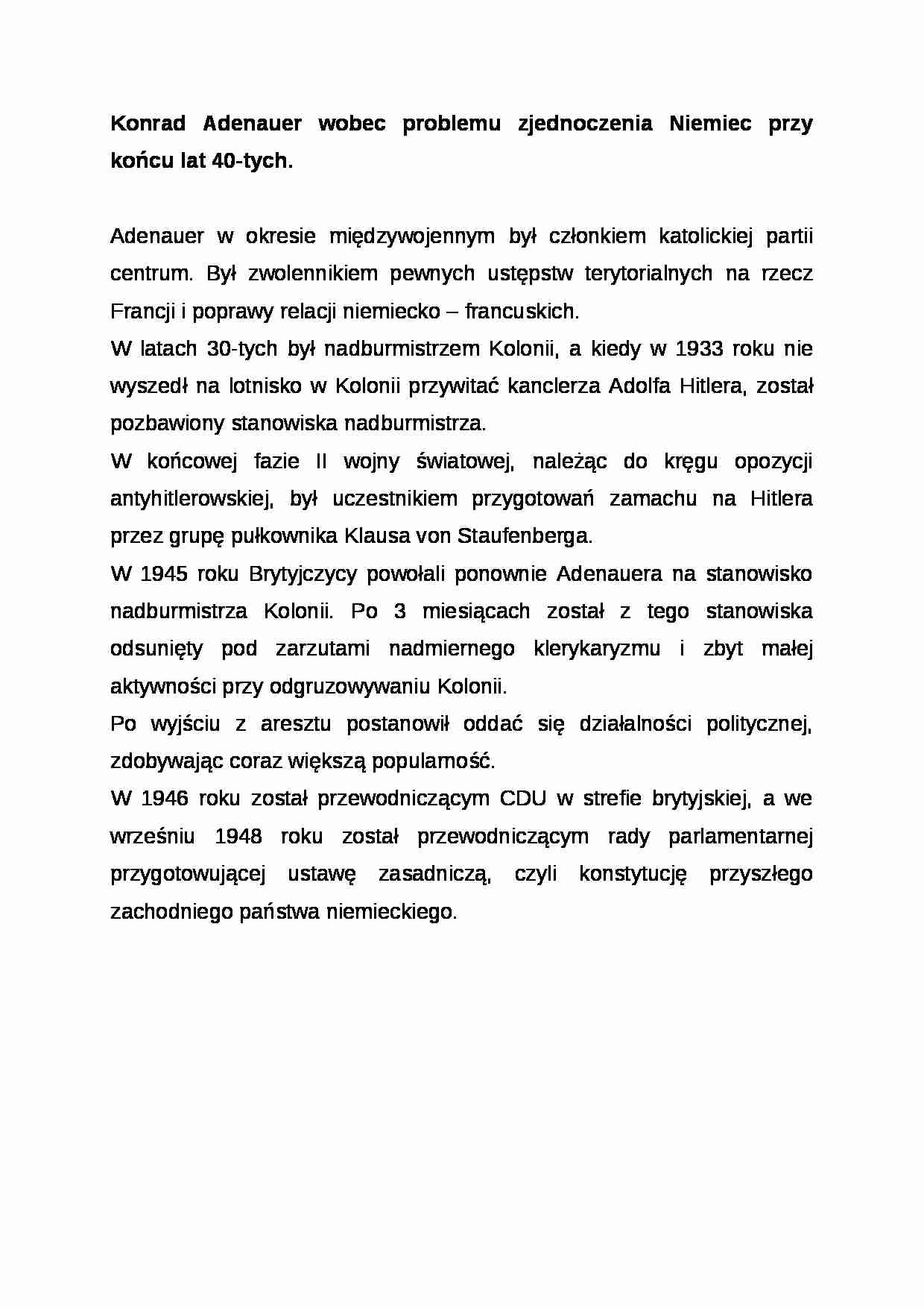 Wykład - Konrad Adenauer wobec problemu zjednoczenia Niemiec przy końcu lat 40 - strona 1