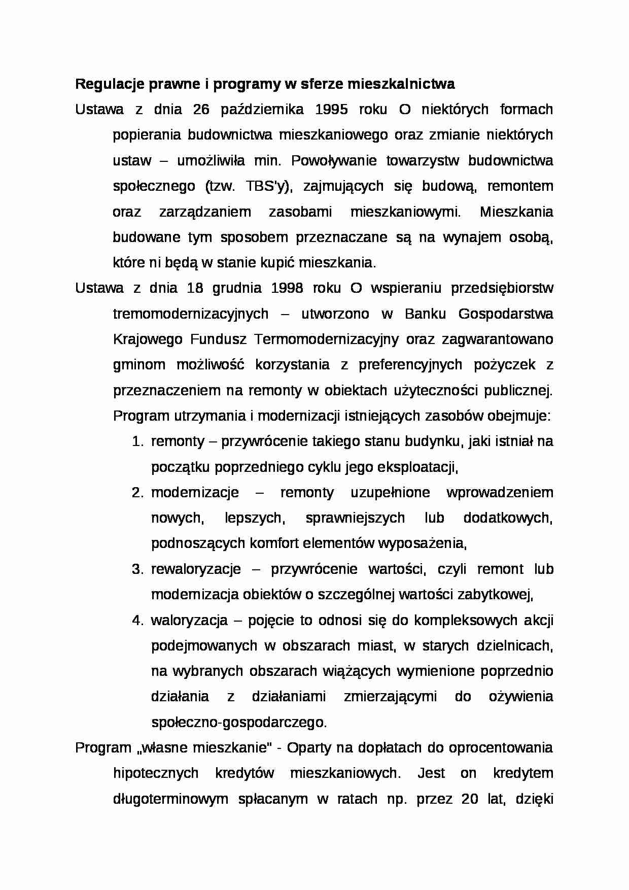 Wykład - Regulacje prawne i programy w sferze mieszkalnictwa - strona 1