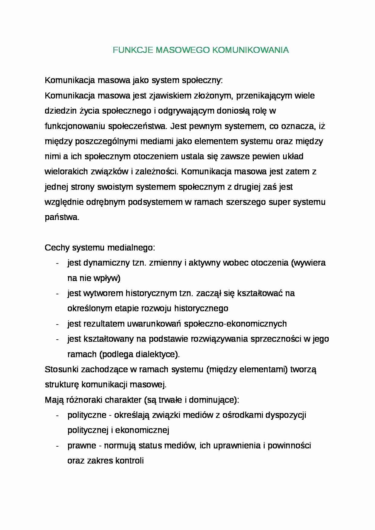 Wykład - funkcje masowego komunikowania - strona 1