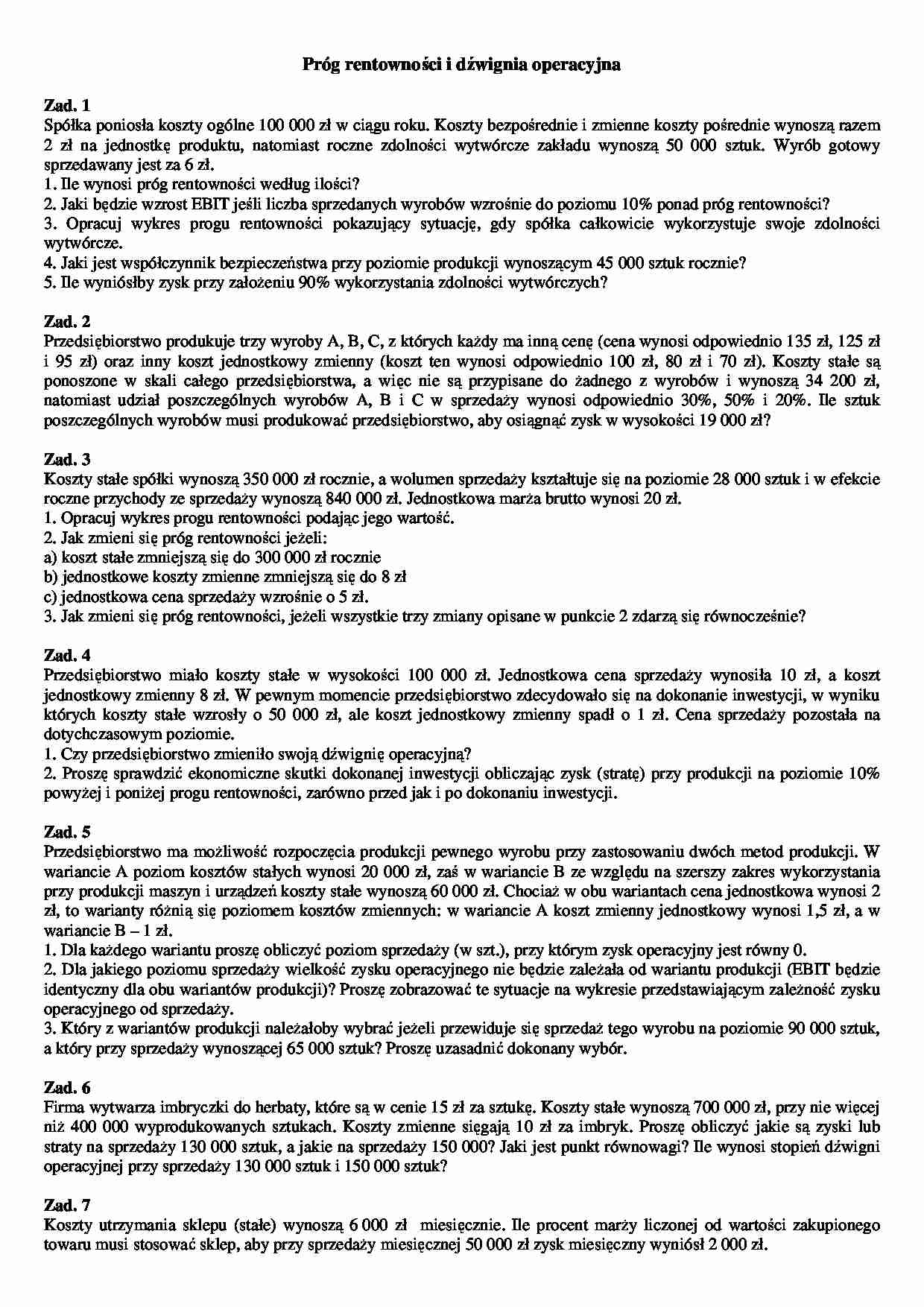  Próg rentowności i dźwignia operacyjna - omówienie - strona 1