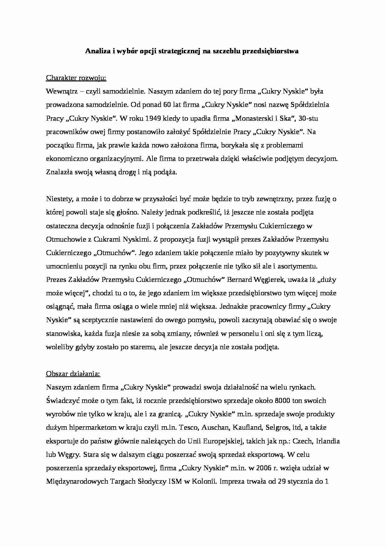 Analiza i wybór opcji strategicznej na szczeblu przedsiębiorstwa wg. Moszkowicza - strona 1