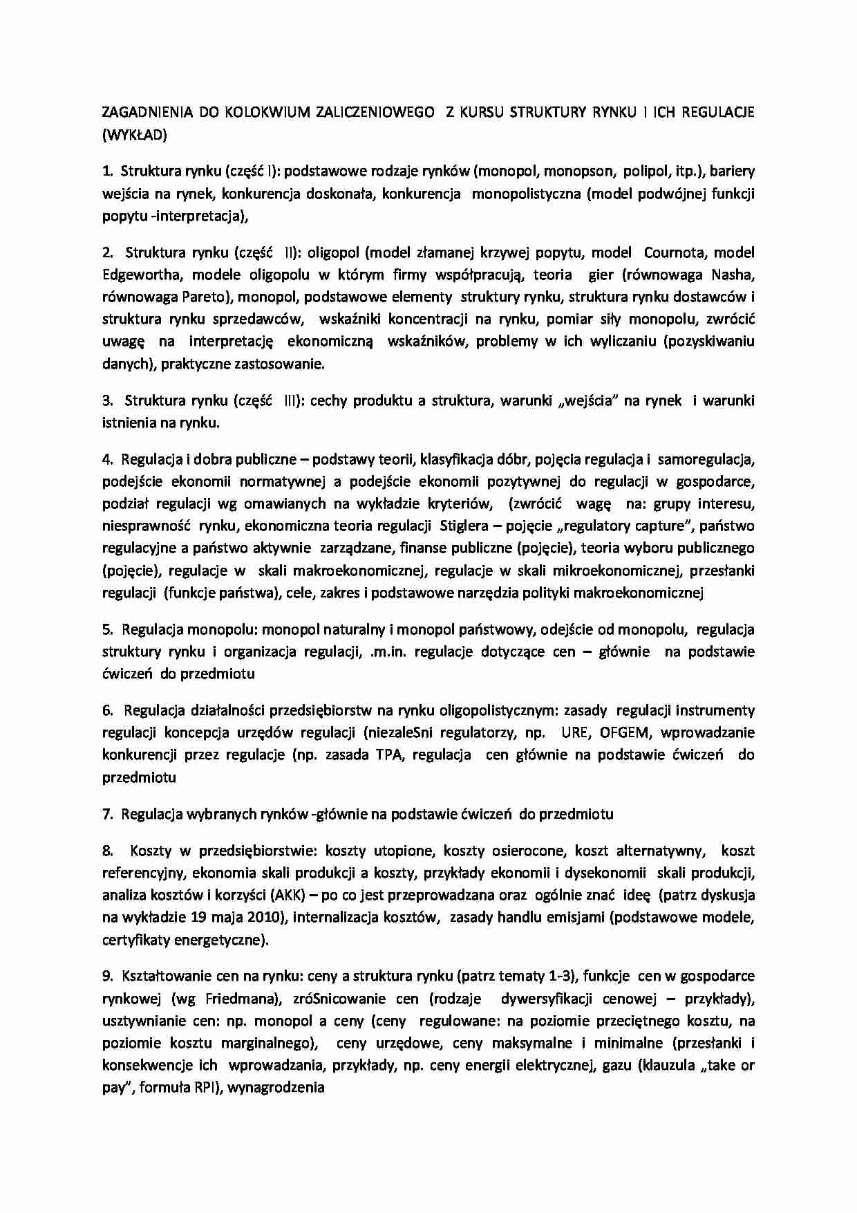 Struktury rynku i ich regulacje - zagadnienia - strona 1