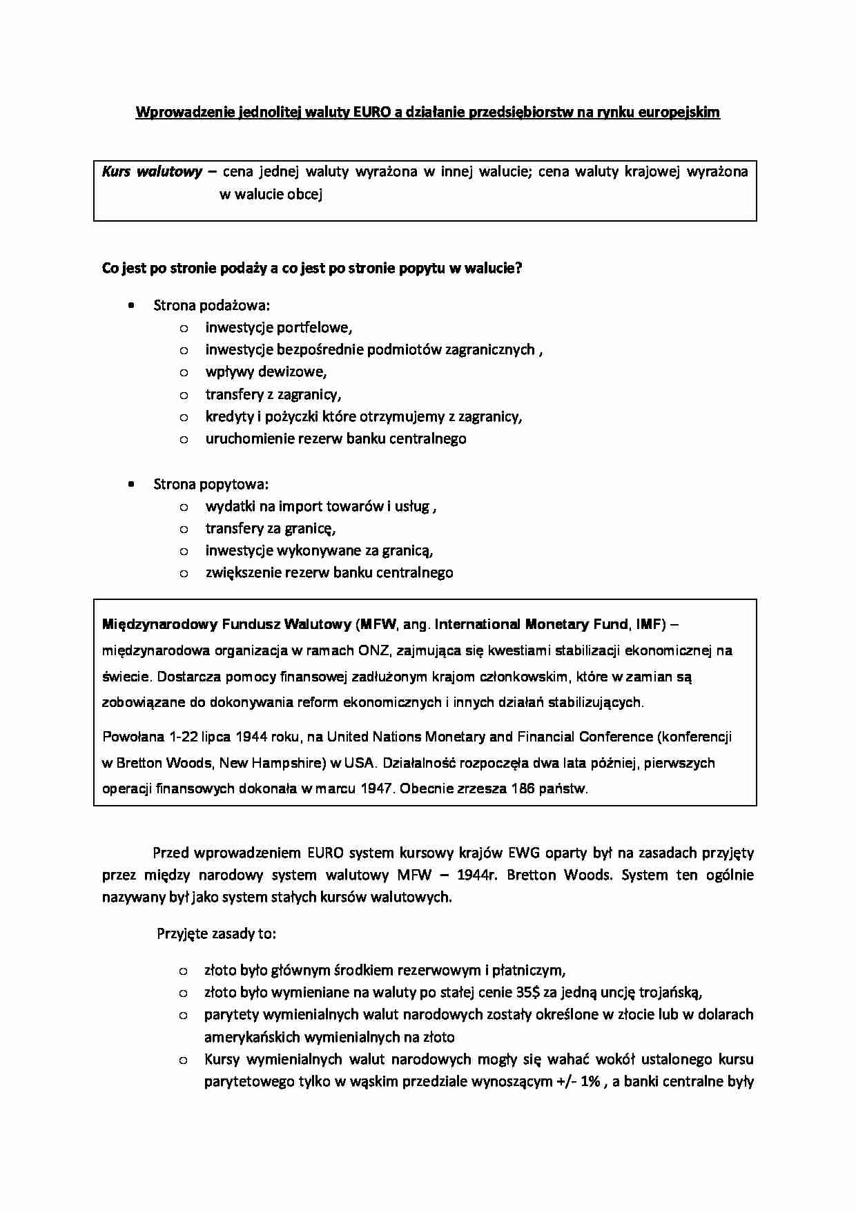 Wprowadzenie jednolitej waluty EURO - omówienie - strona 1