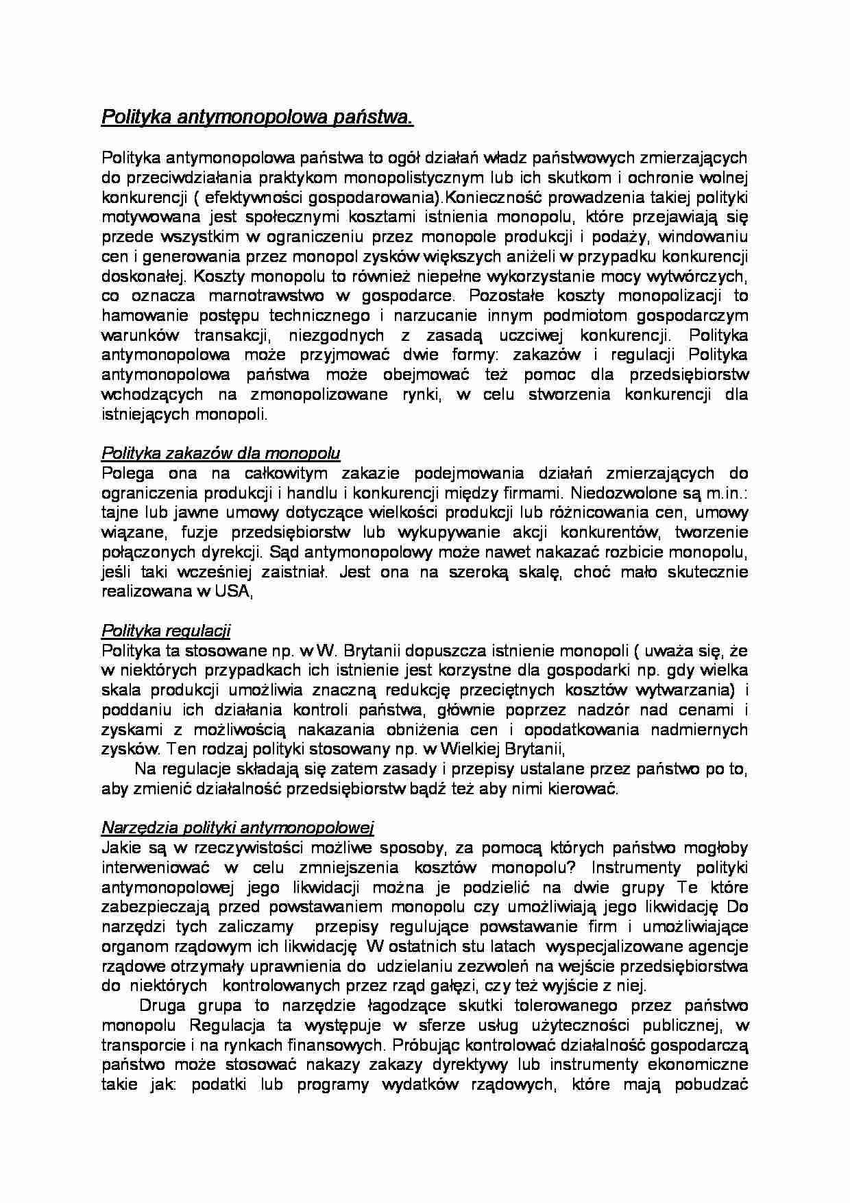 Polityka antymonopolowa państwa - omówienie - strona 1
