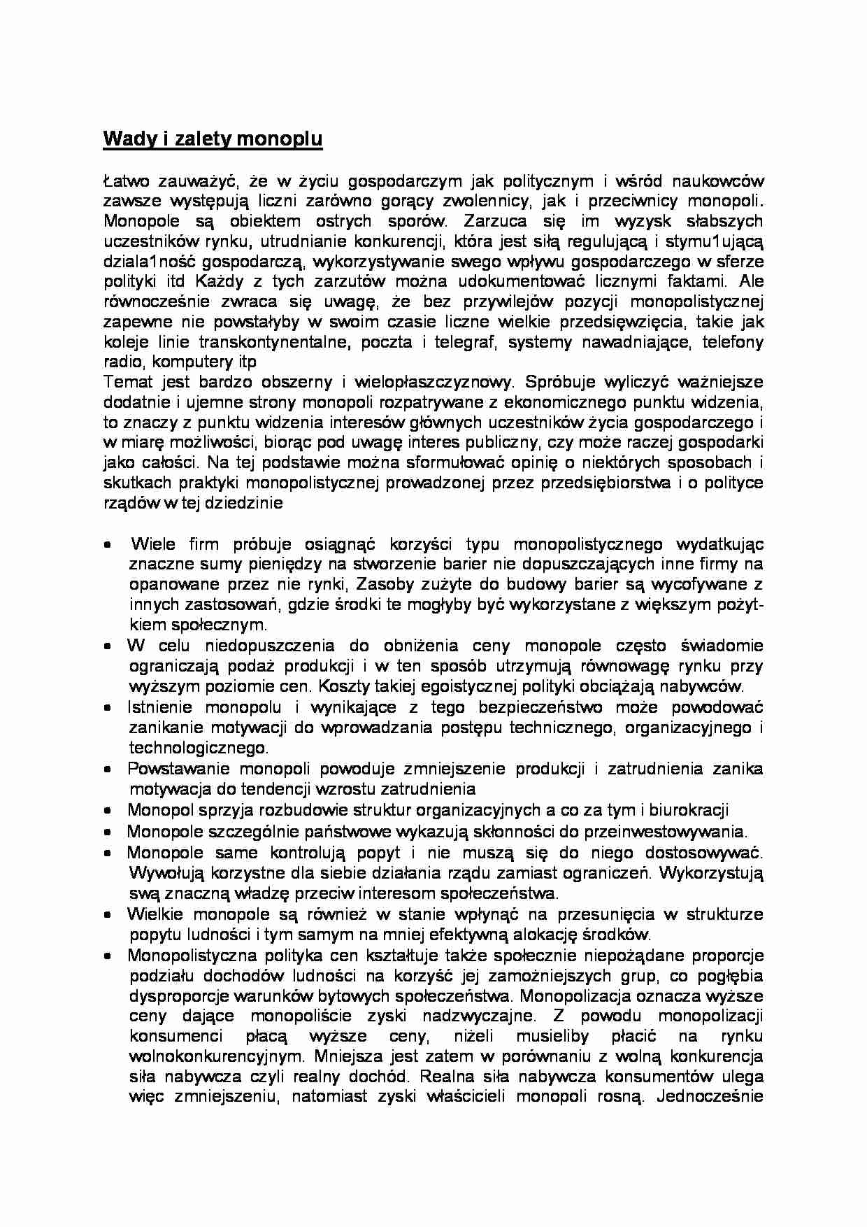 Wady i zalety monopolu - omówienie - strona 1