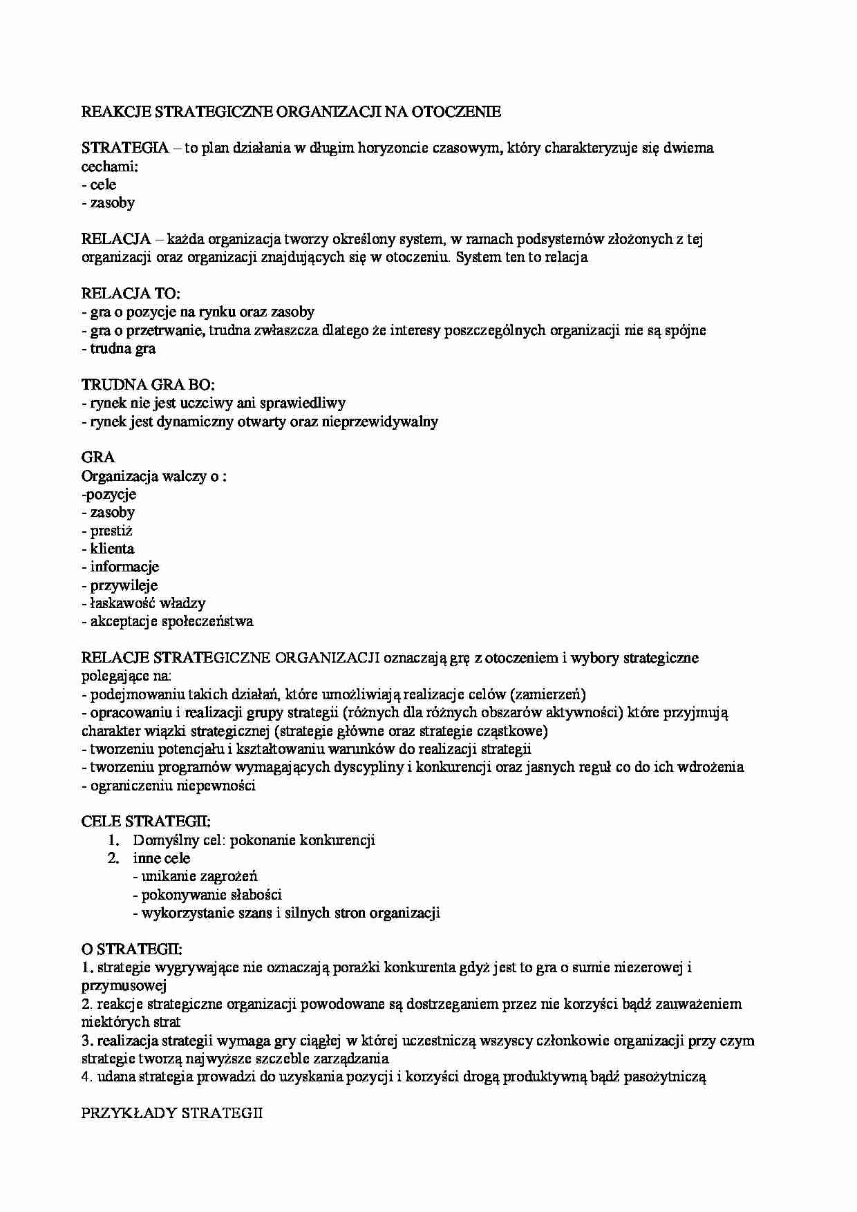 Reakcje strategiczne organizacji - omówienie - strona 1