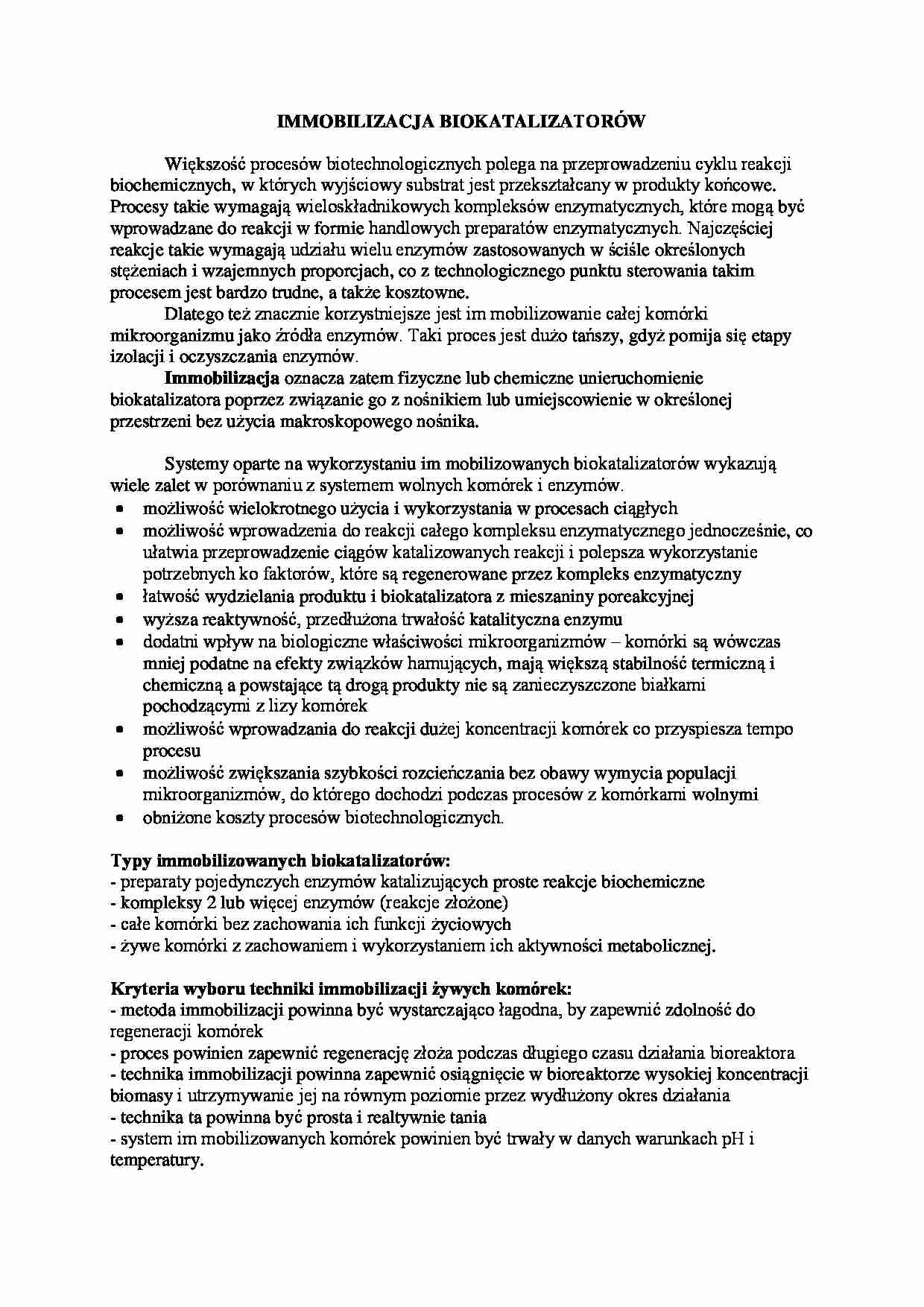 Immobilizacja biokatalizatorów - omówienie - strona 1