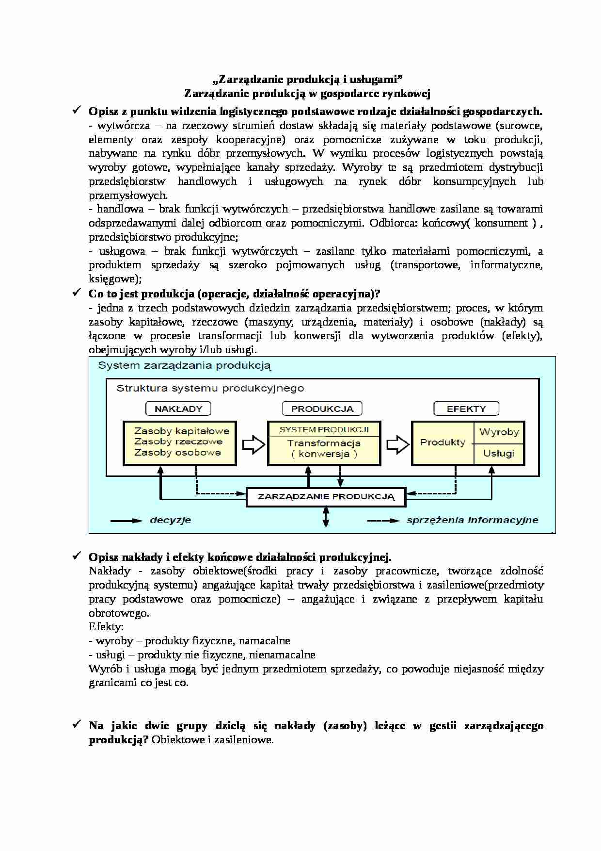 Zarządzanie produkcją i usługami - pytania kontrolne  - strona 1