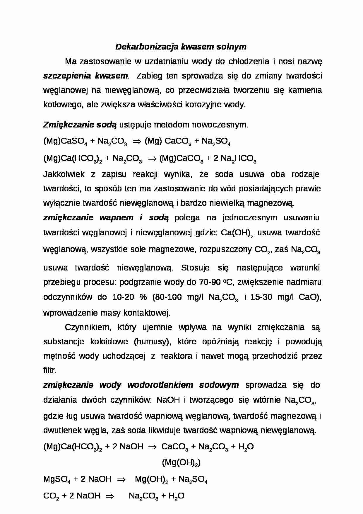 Dekarbonizacja kwasem solnym-opracowanie - strona 1