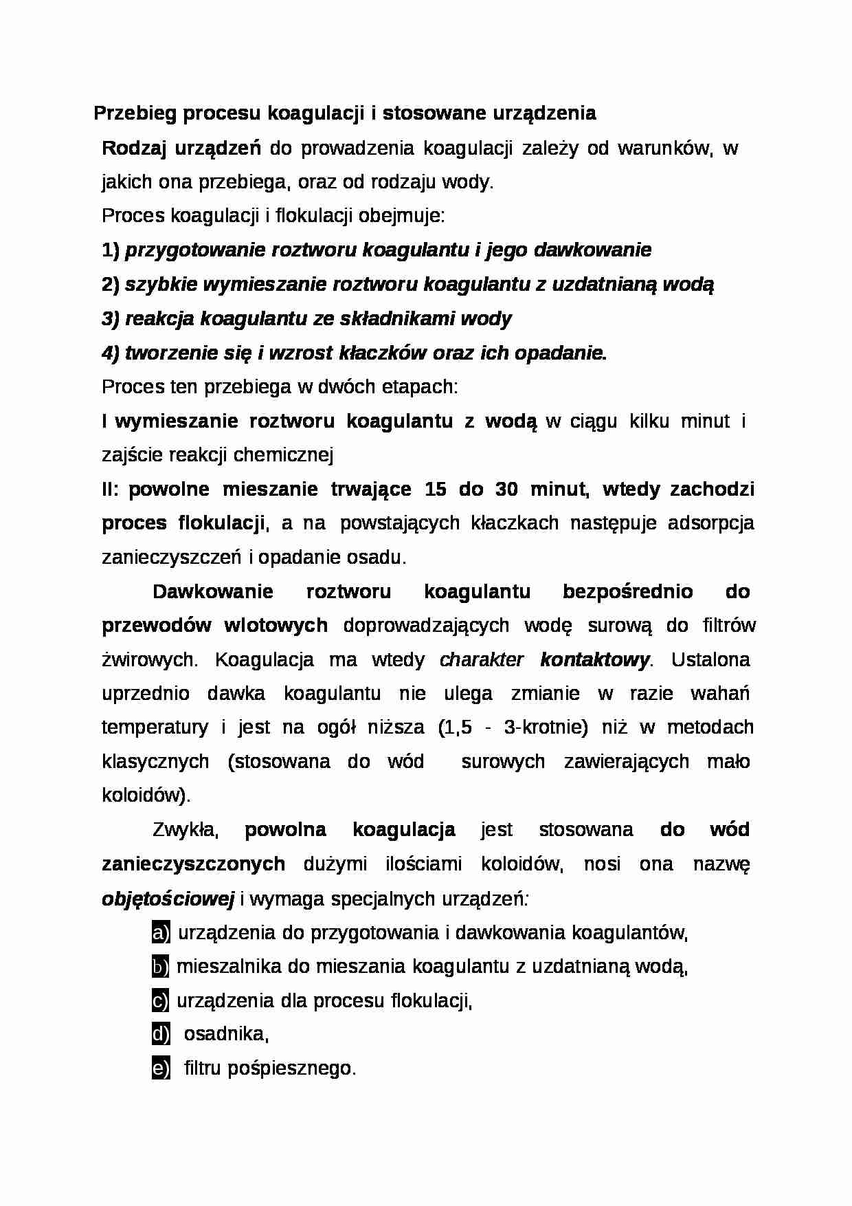 Przebieg procesu koagulacji i stosowane urządzenia-opracowanie - strona 1