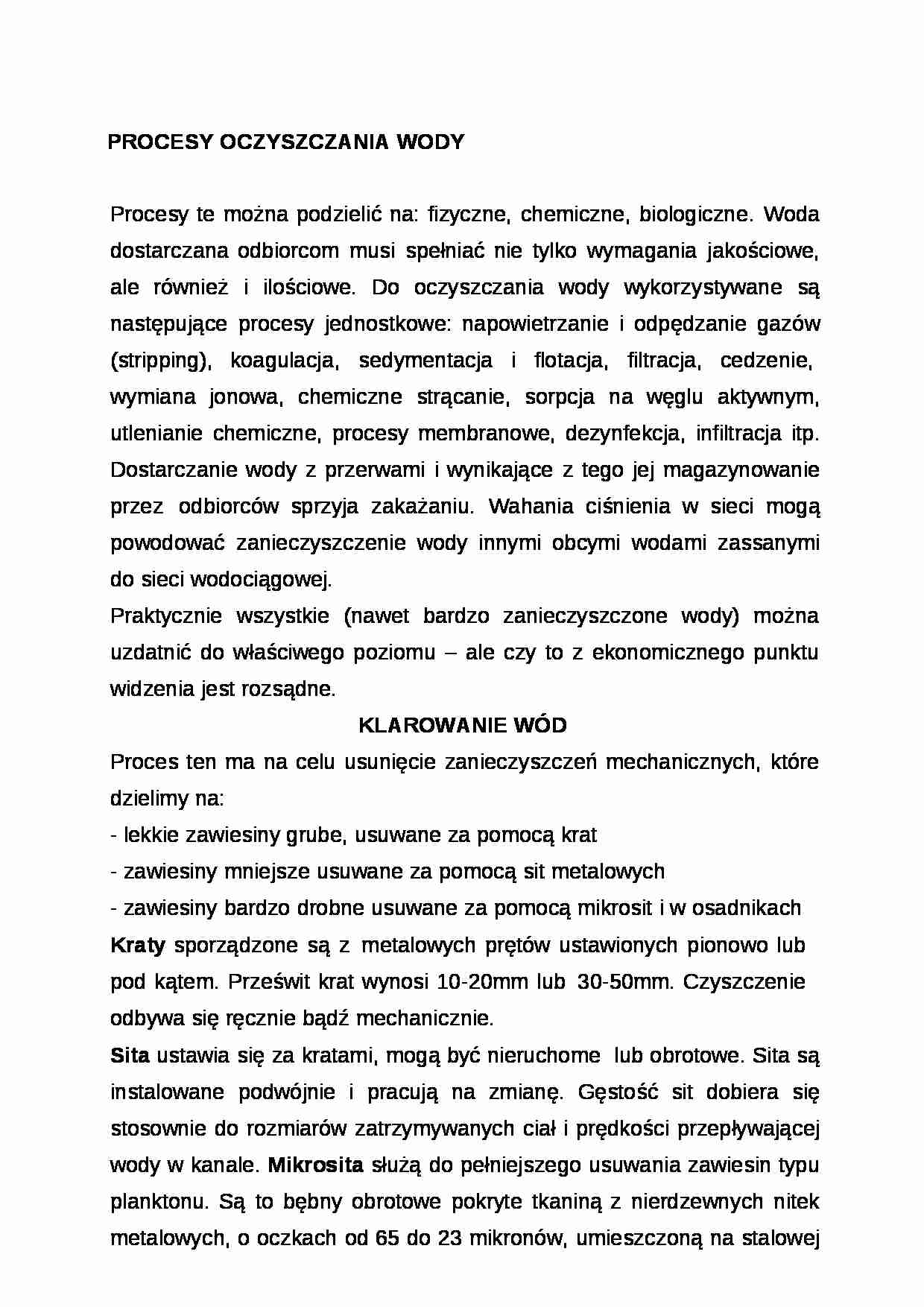 Procesy oczyszczania wody - klarowanie wody-opracowanie - strona 1