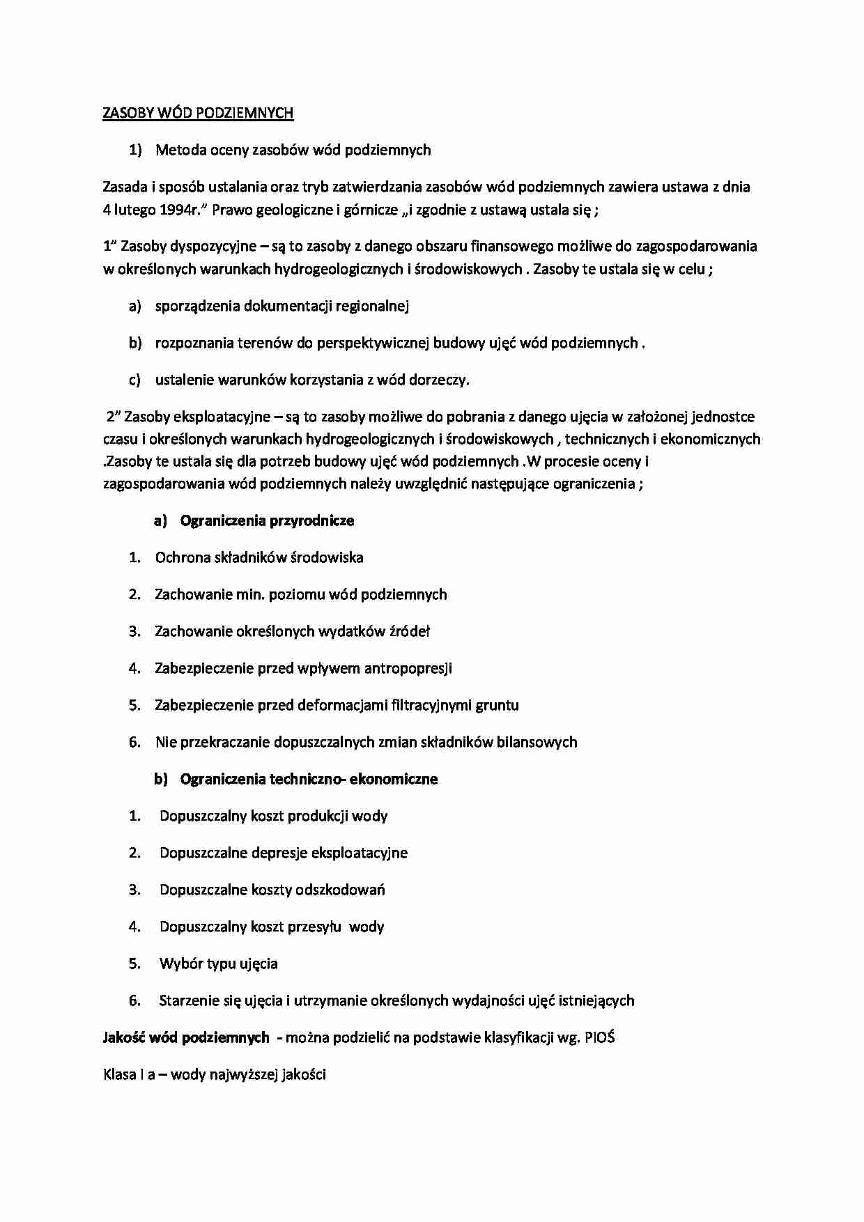 Zasoby wód podziemnych-opracowanie - strona 1