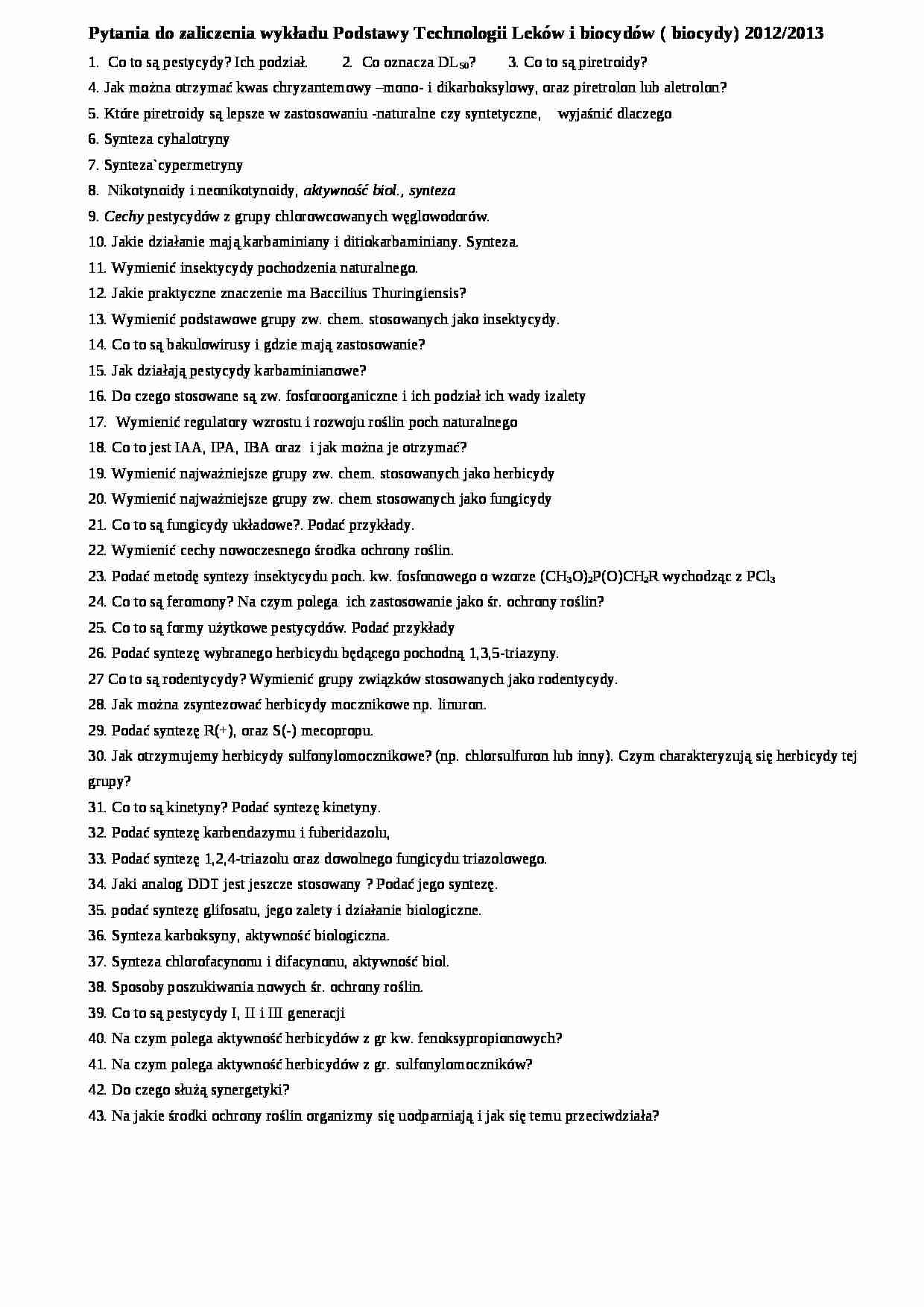 Technologia leków i biocydów- pytania końcowe biocydy - strona 1