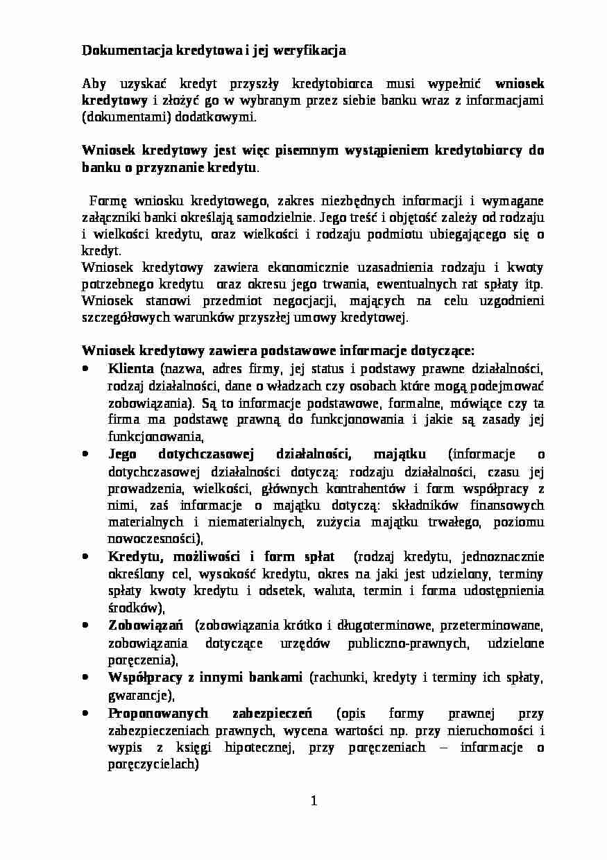 Dokumentacja kredytowa i jej weryfikacja - bankowość - strona 1