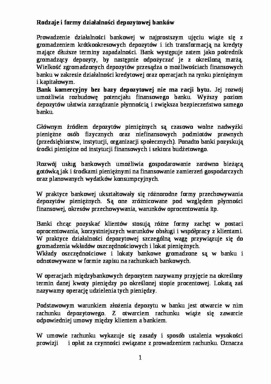 Działalność depozytowa banku - strona 1