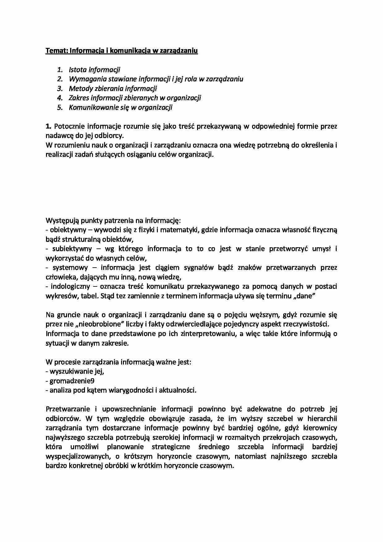Informacja i komunikacja w zarządzaniu-opracowanie - strona 1