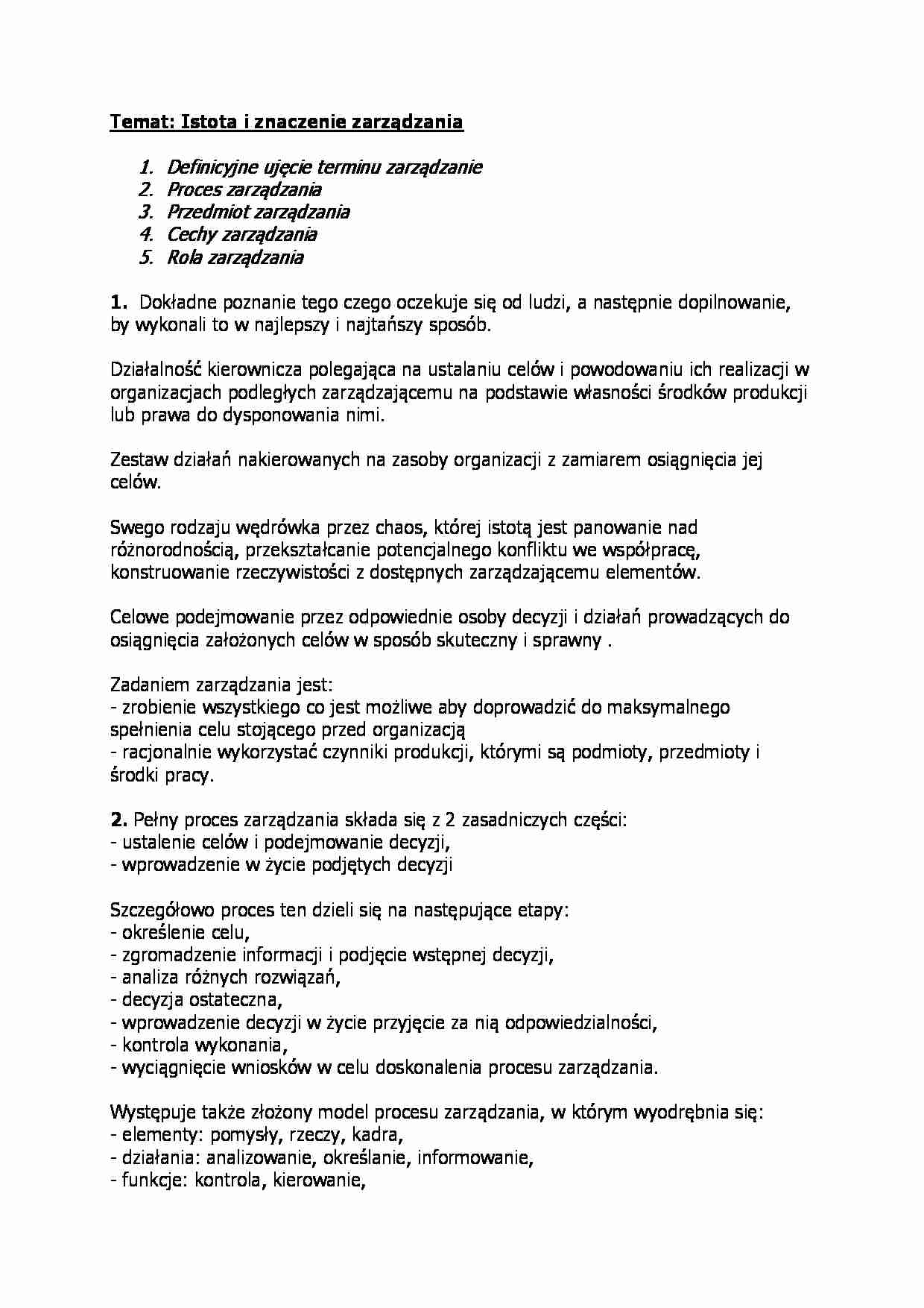 Istota i znaczenie zarządzania-opracowanie - strona 1